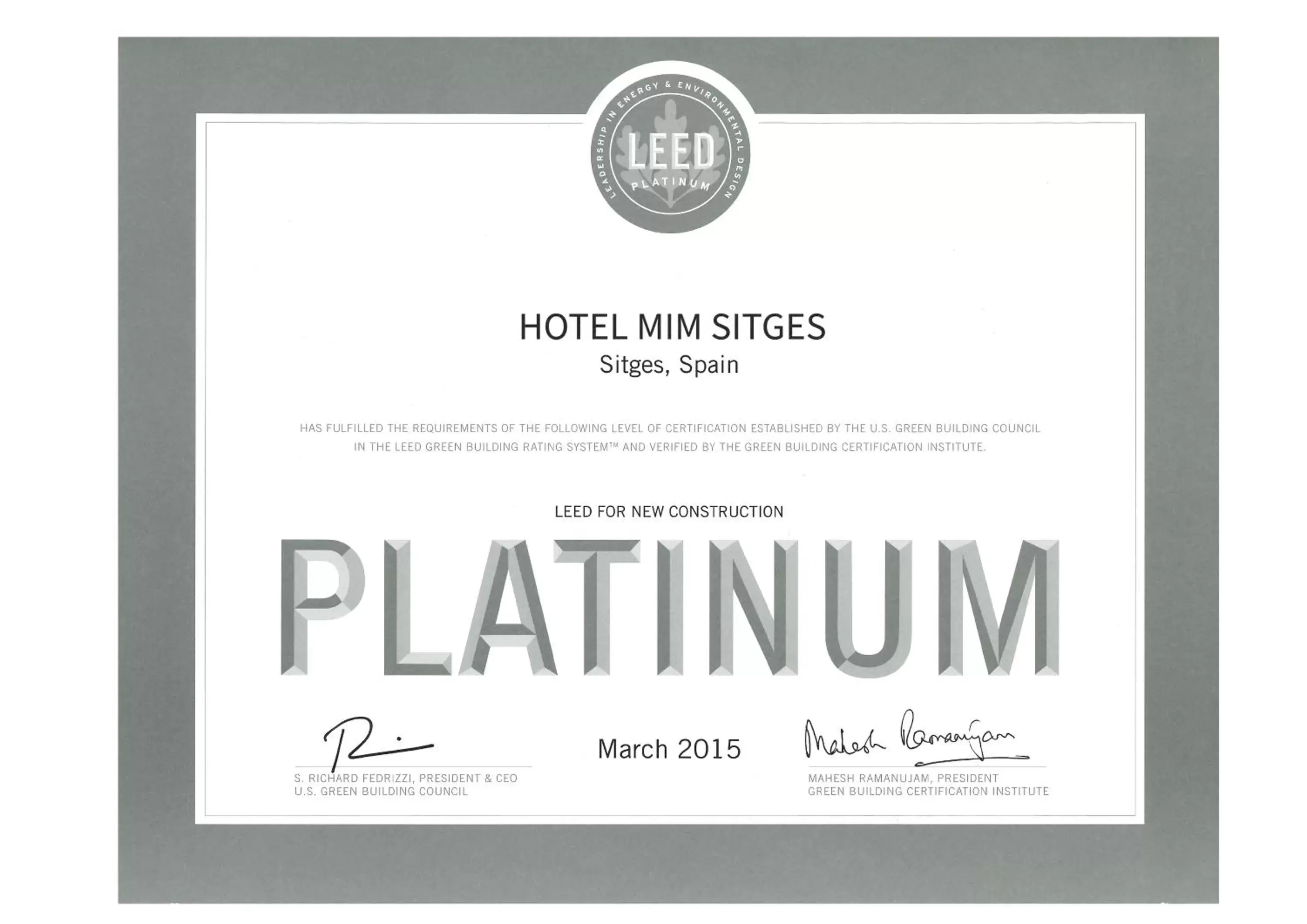 Certificate/Award in Hotel MiM Sitges & Spa