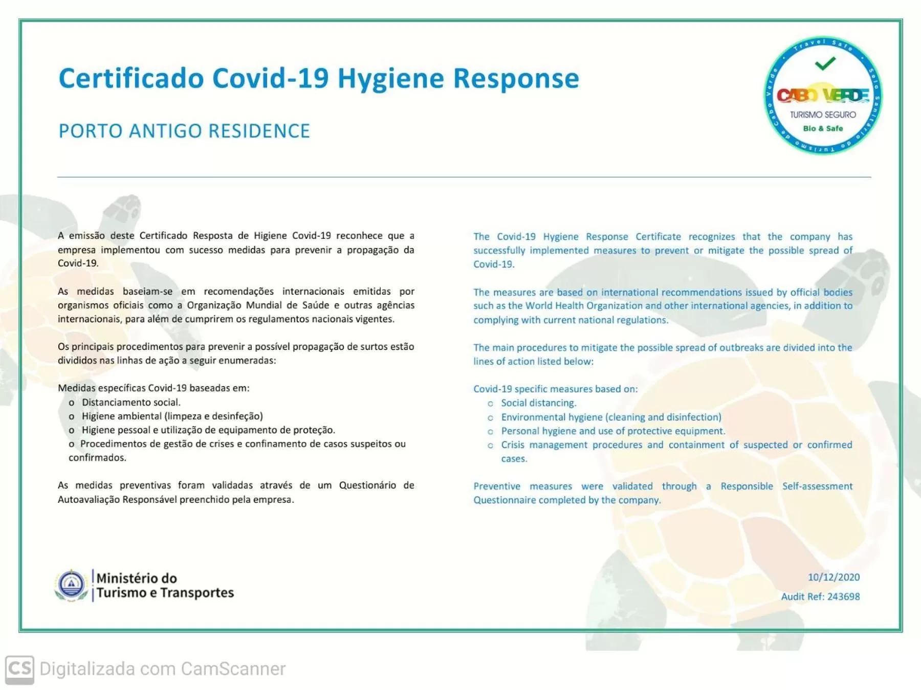 Certificate/Award in Porto Antigo Hotel BB