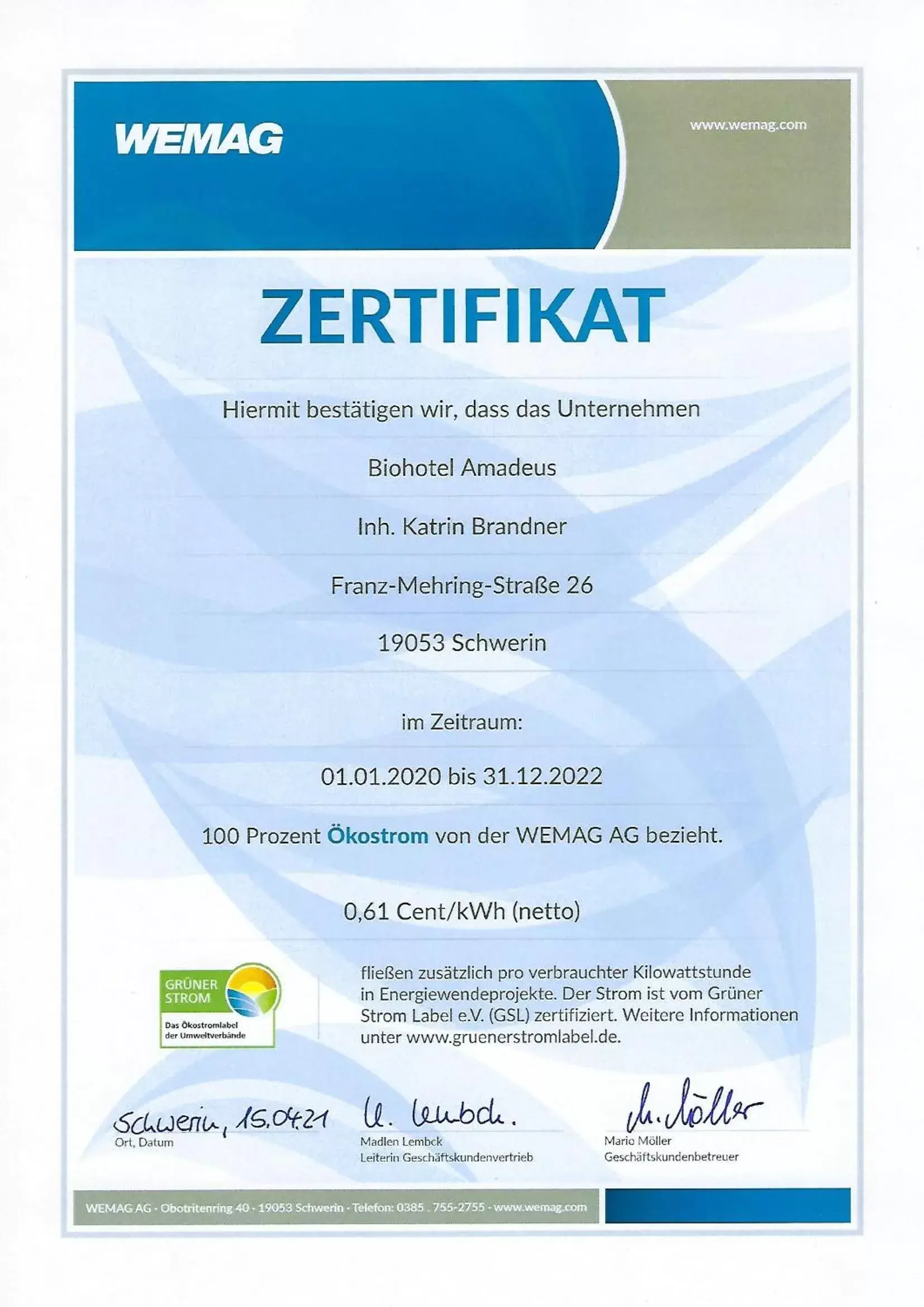 Certificate/Award in Biohotel Amadeus