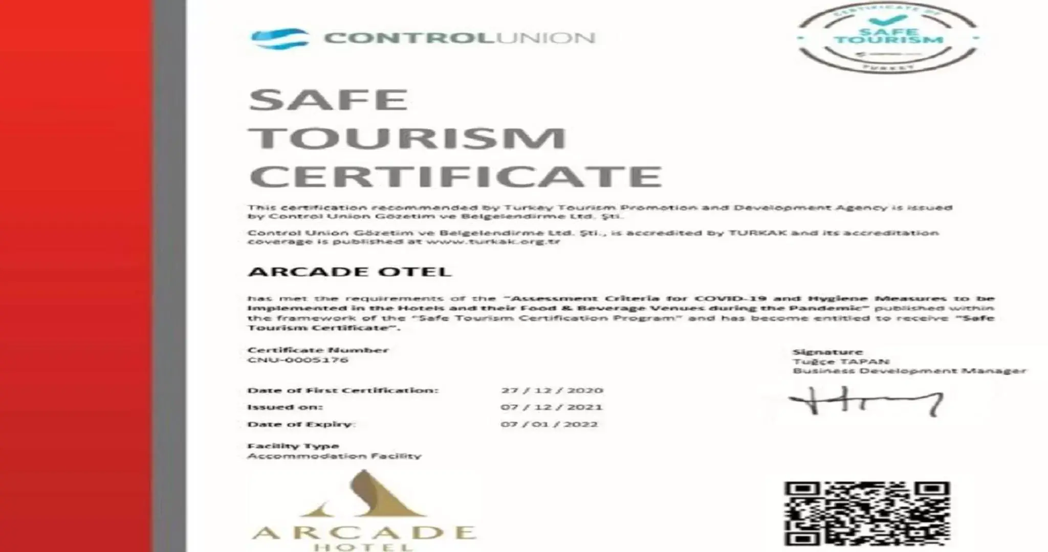 Certificate/Award in Arcade Hotel Istanbul