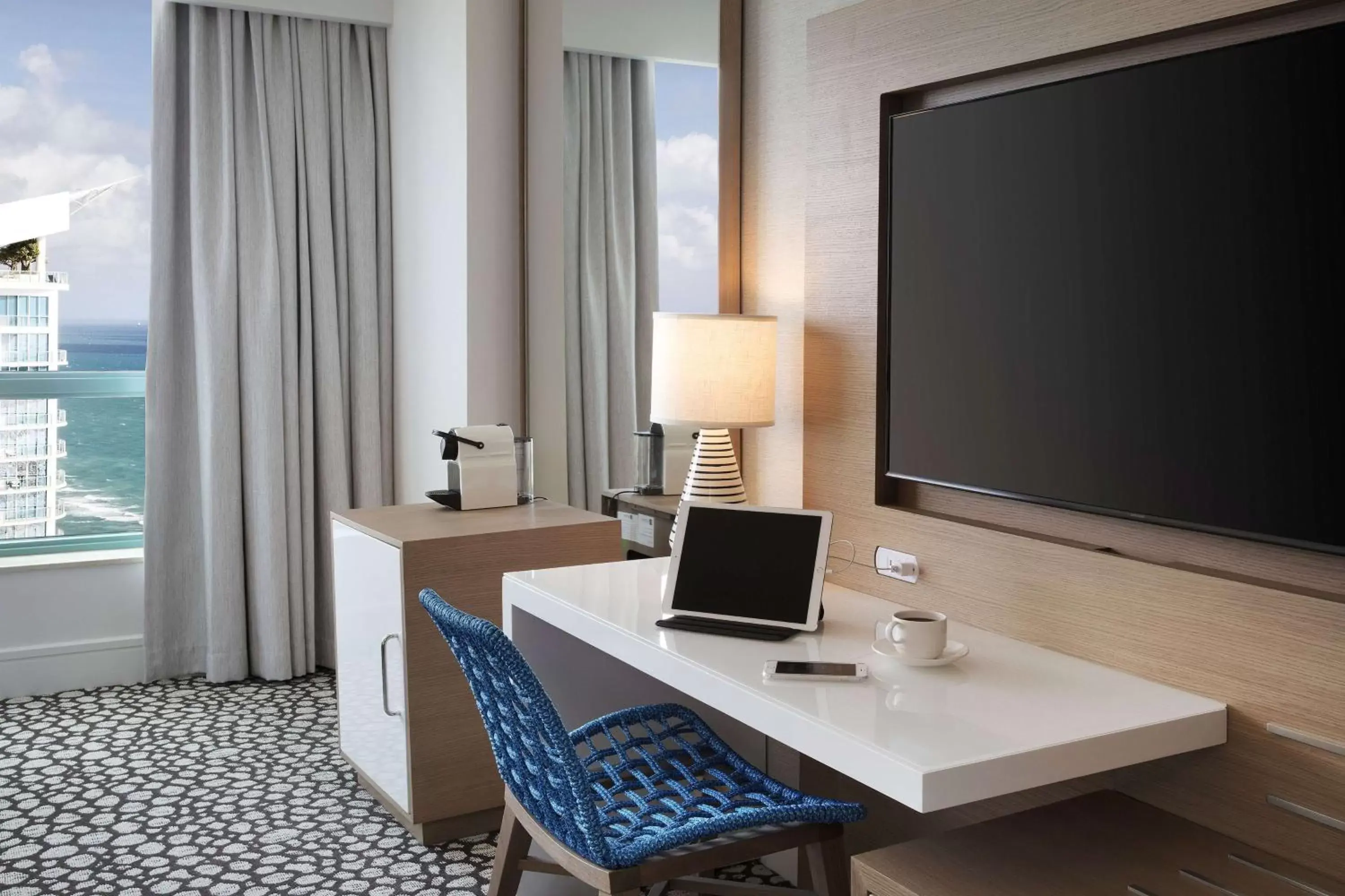 Bed, TV/Entertainment Center in The Diplomat Beach Resort Hollywood, Curio Collection by Hilton