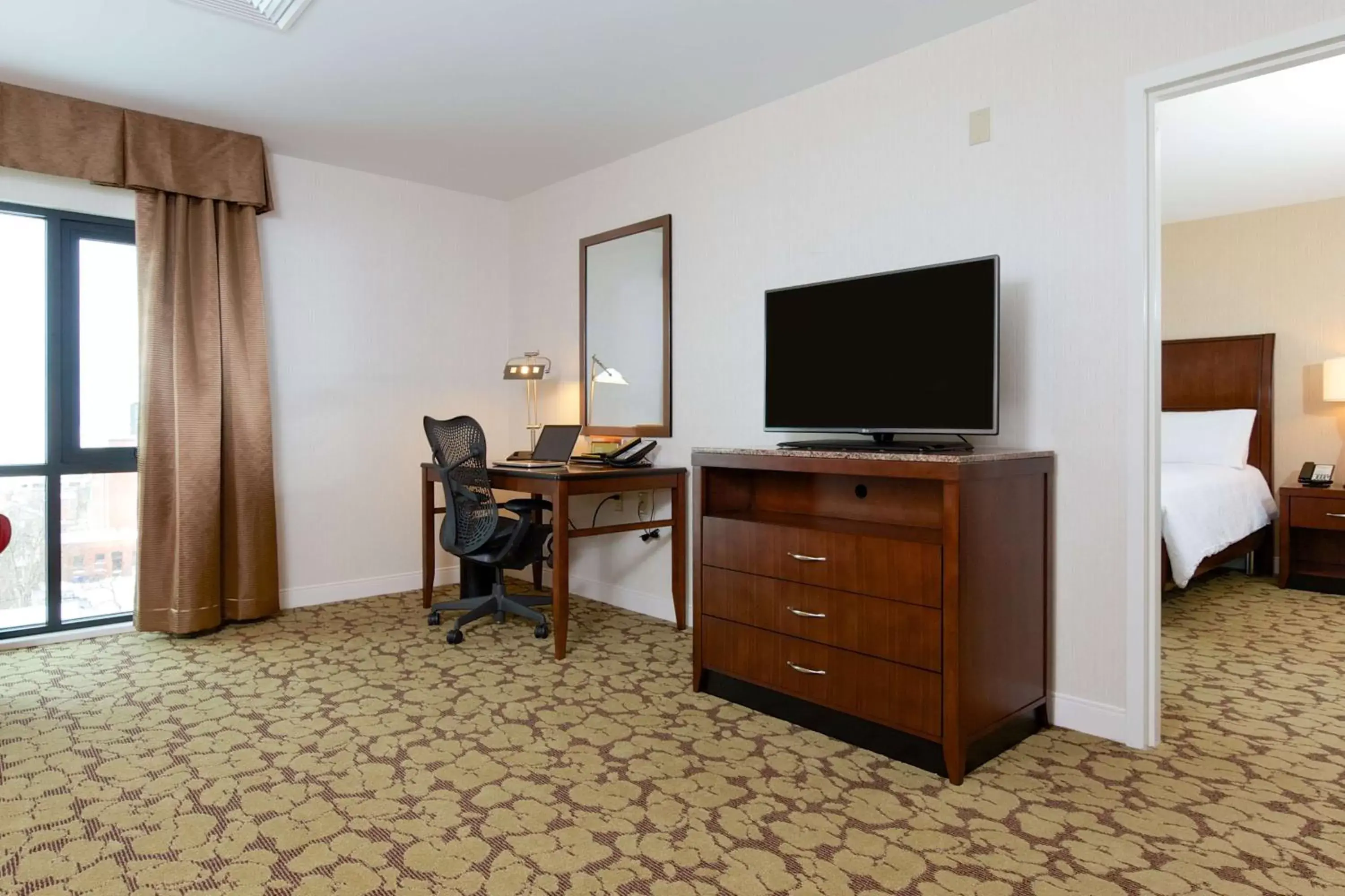 Bed, TV/Entertainment Center in Hilton Garden Inn Burlington Downtown