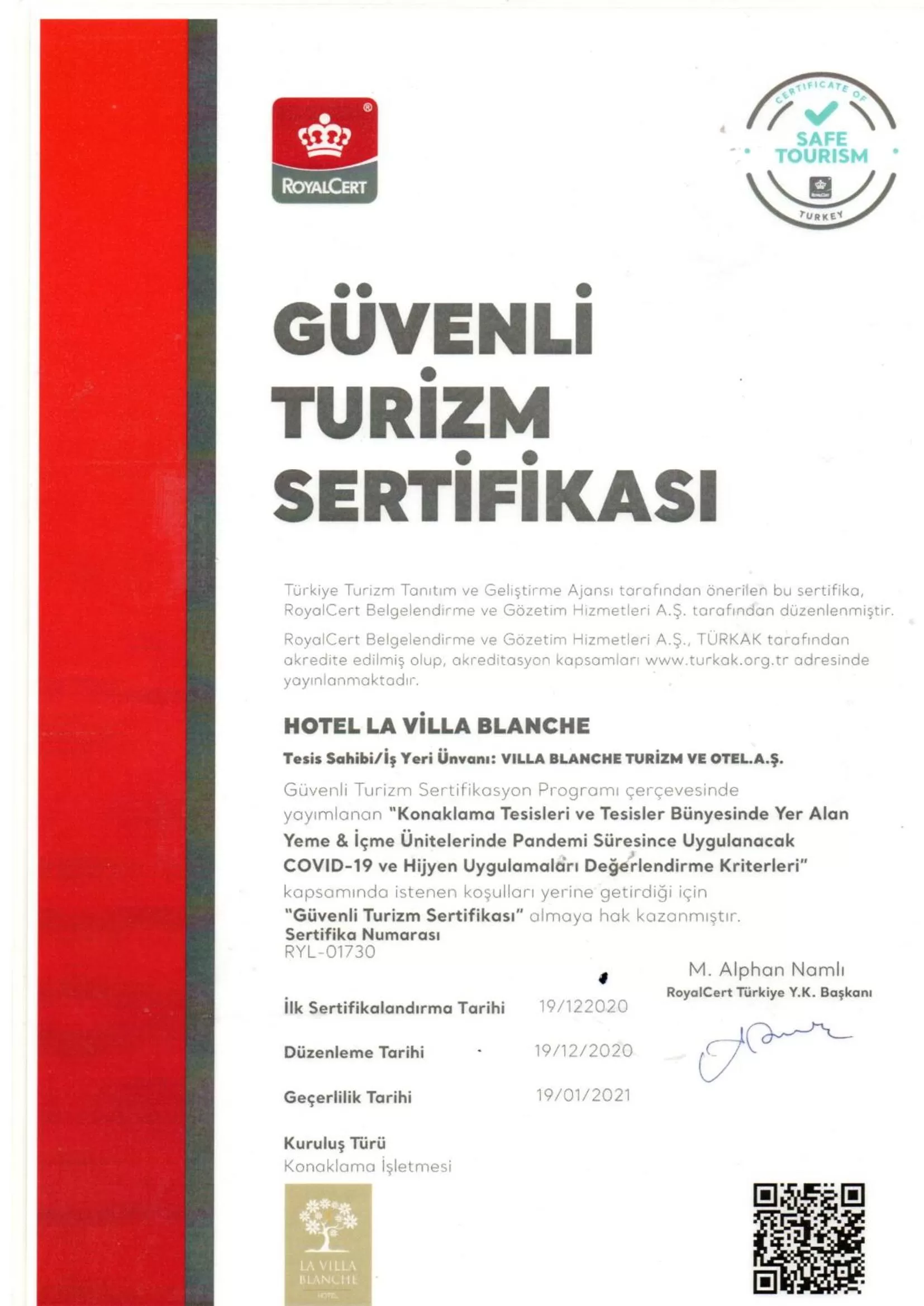 Certificate/Award in Villa Blanche Hotel SPA & Garden Pool