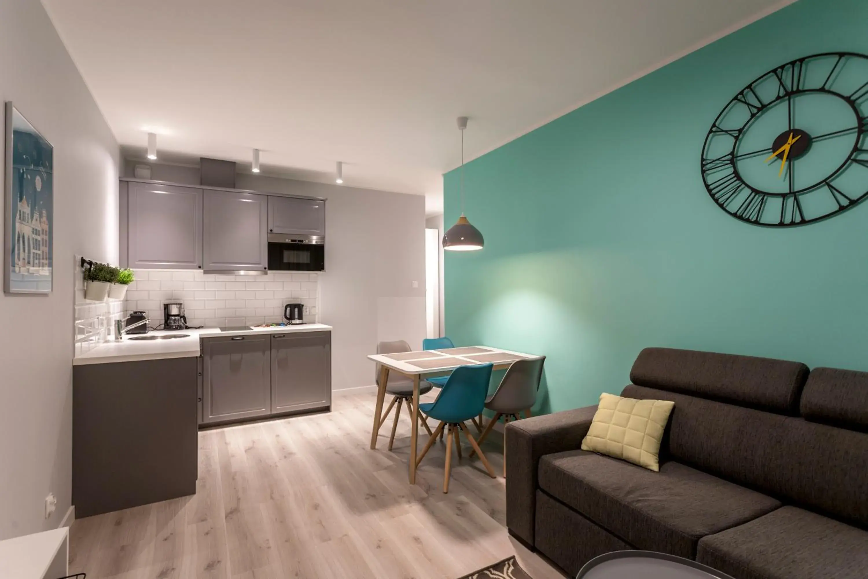 Living room, Kitchen/Kitchenette in GRANO APARTMENTS Gdansk Nowa Motlawa SPA & Wellness