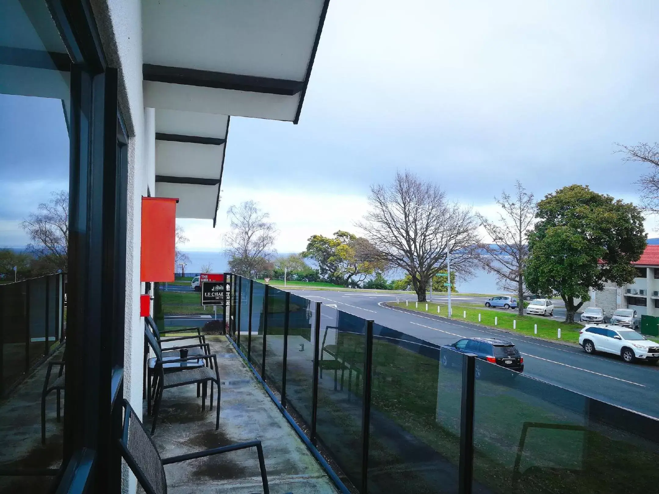 Landmark view, Balcony/Terrace in Le Chalet Suisse Motel Taupo