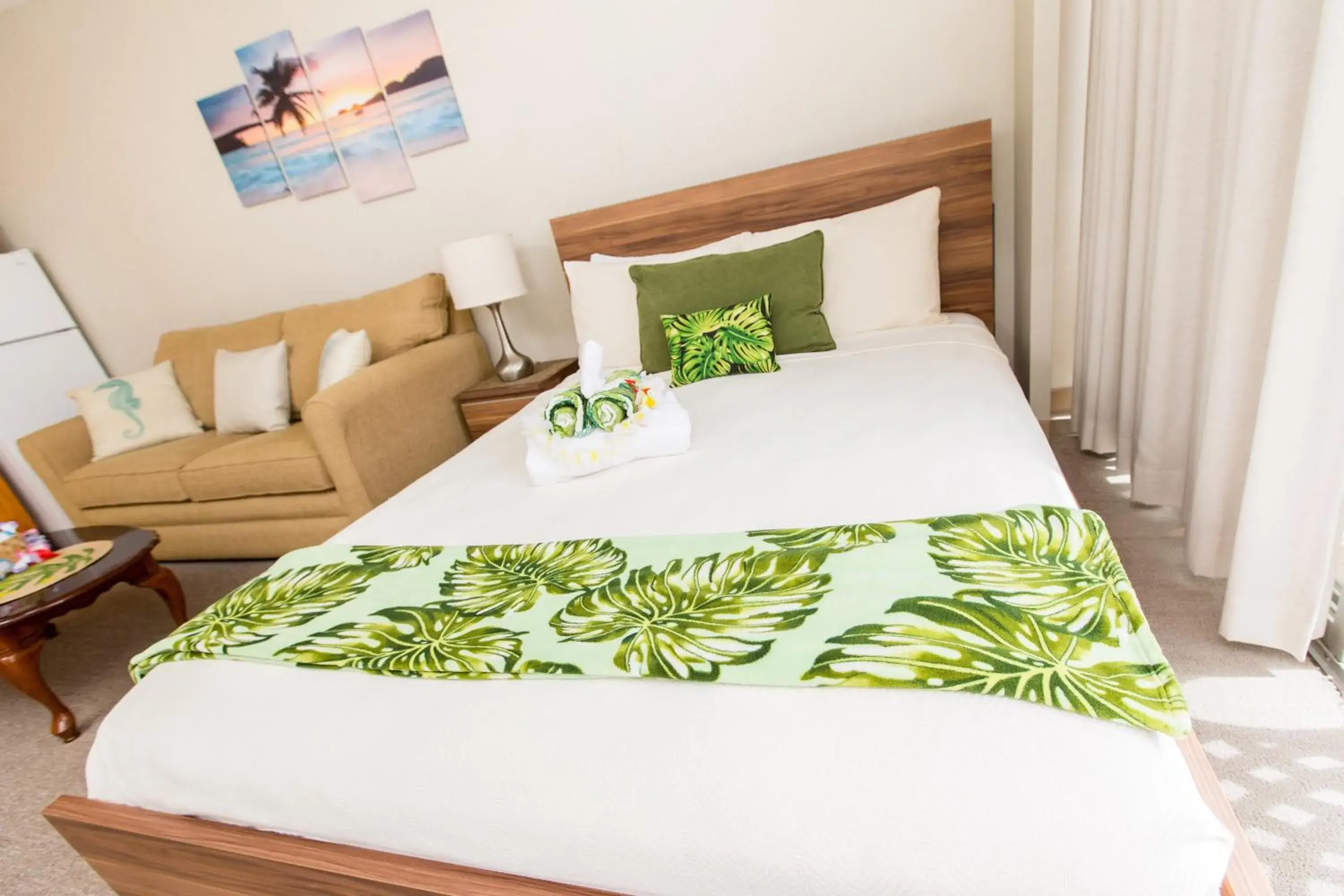 Bed in Tropical Studios at Marine Surf Waikiki - FREE PARKING - BEST LOCATION - FULL KITCHEN - SWIMMING POOL