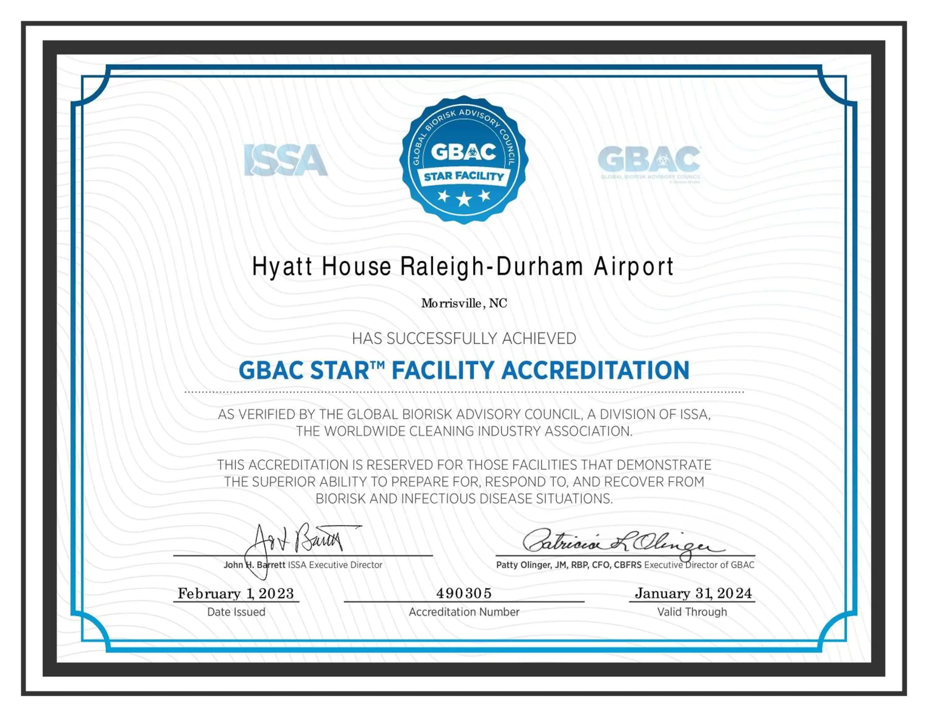 Certificate/Award in Hyatt House Raleigh Durham Airport