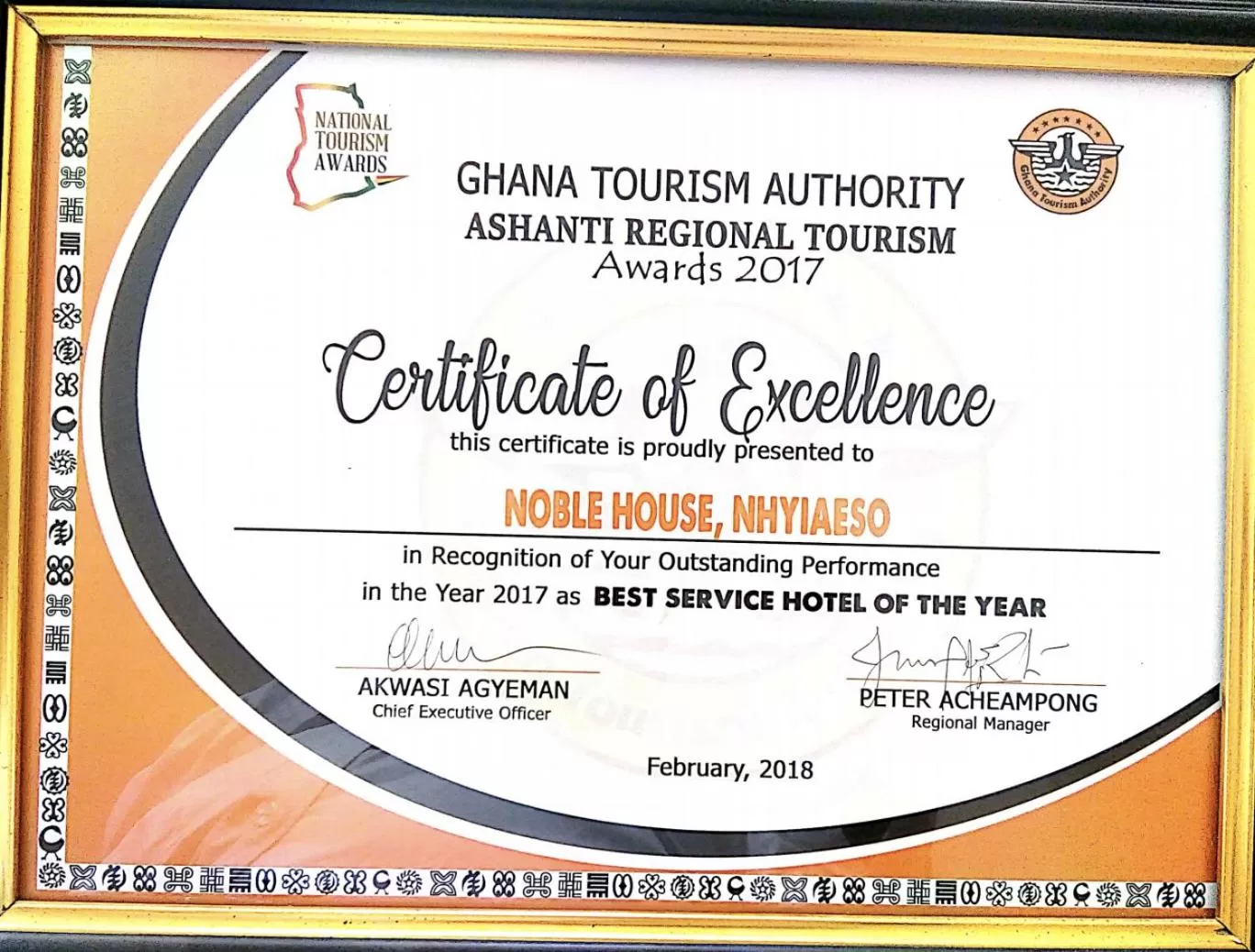 Certificate/Award in Noble House Hotel