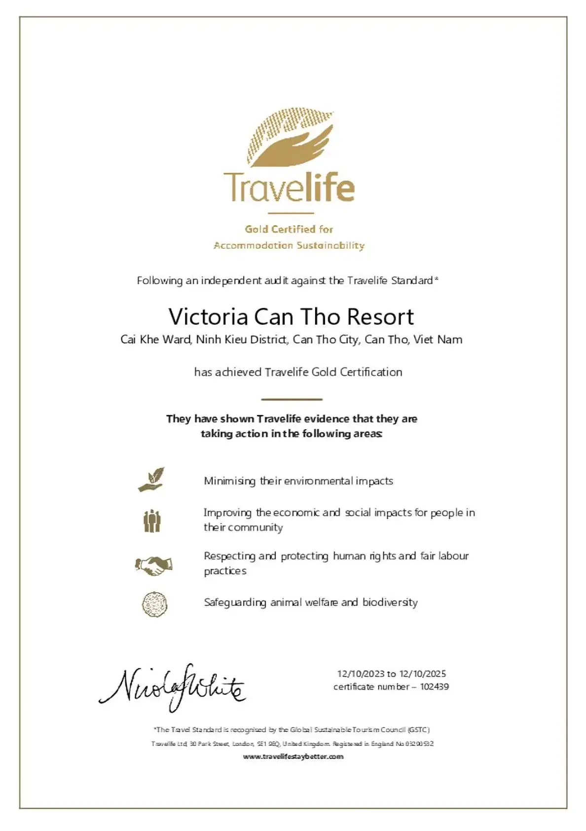 Certificate/Award in Victoria Can Tho Resort