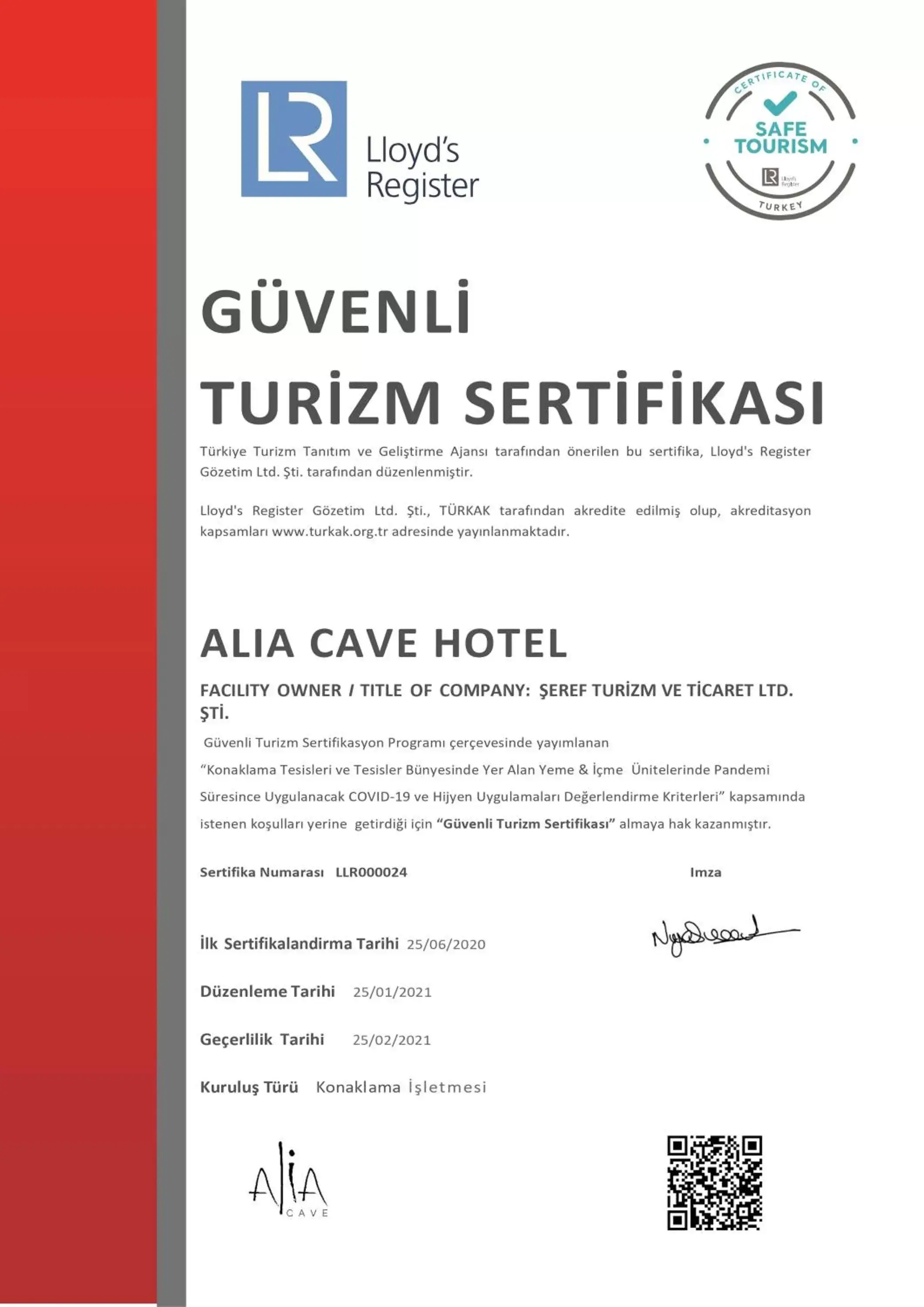 Logo/Certificate/Sign in Alia Cave Hotel