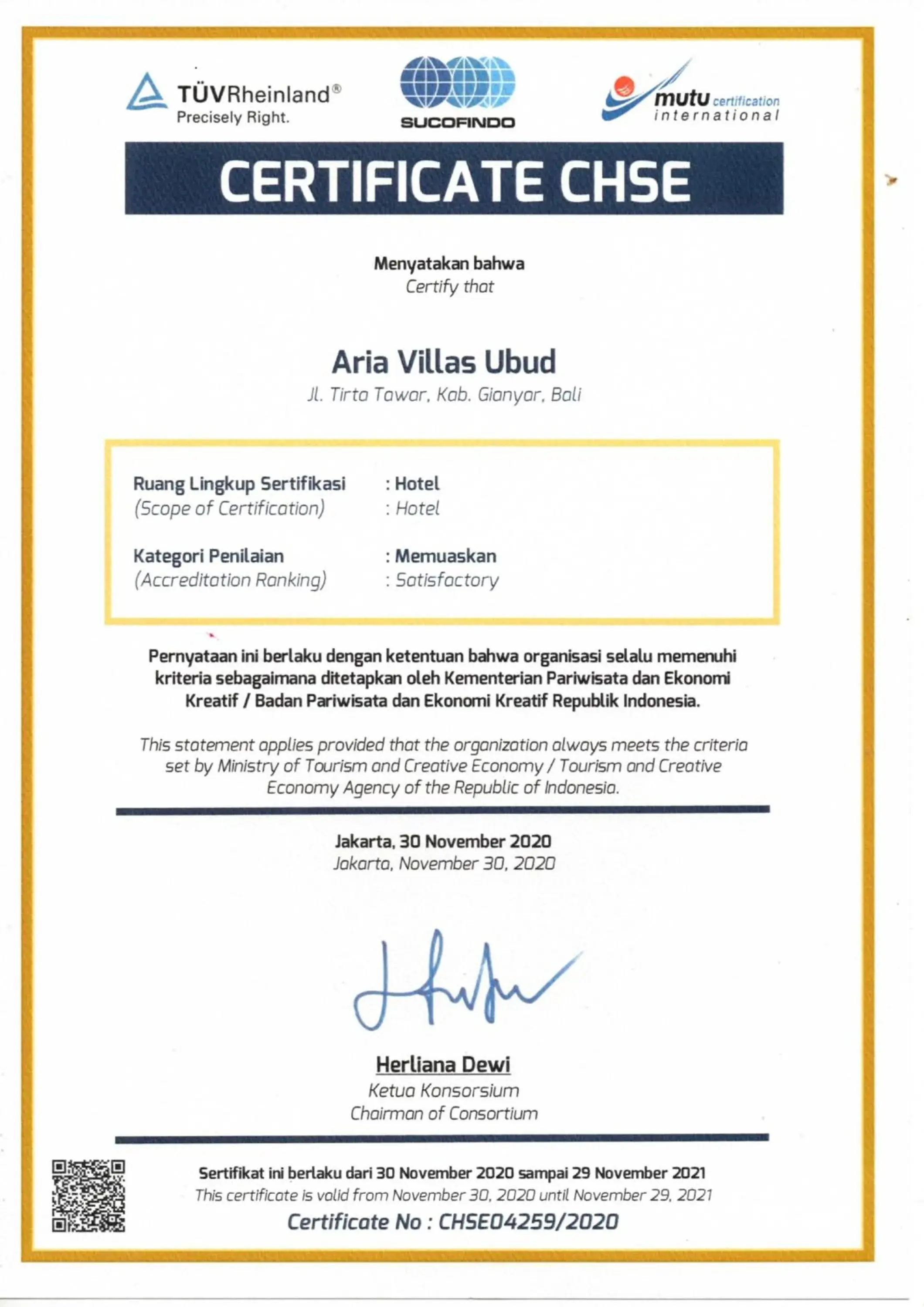 Certificate/Award in Aria Villas Ubud
