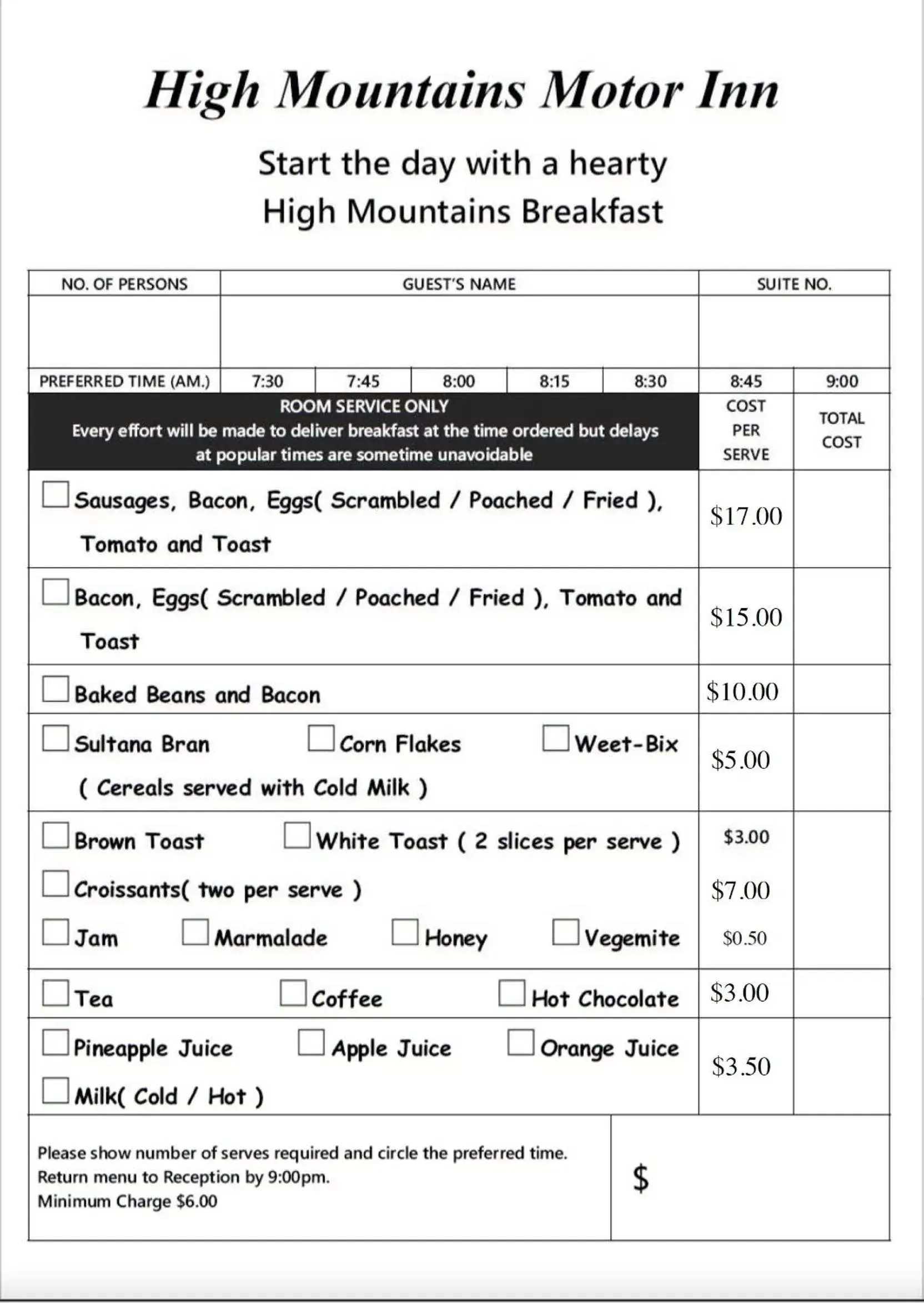 Breakfast in High Mountains Motor Inn