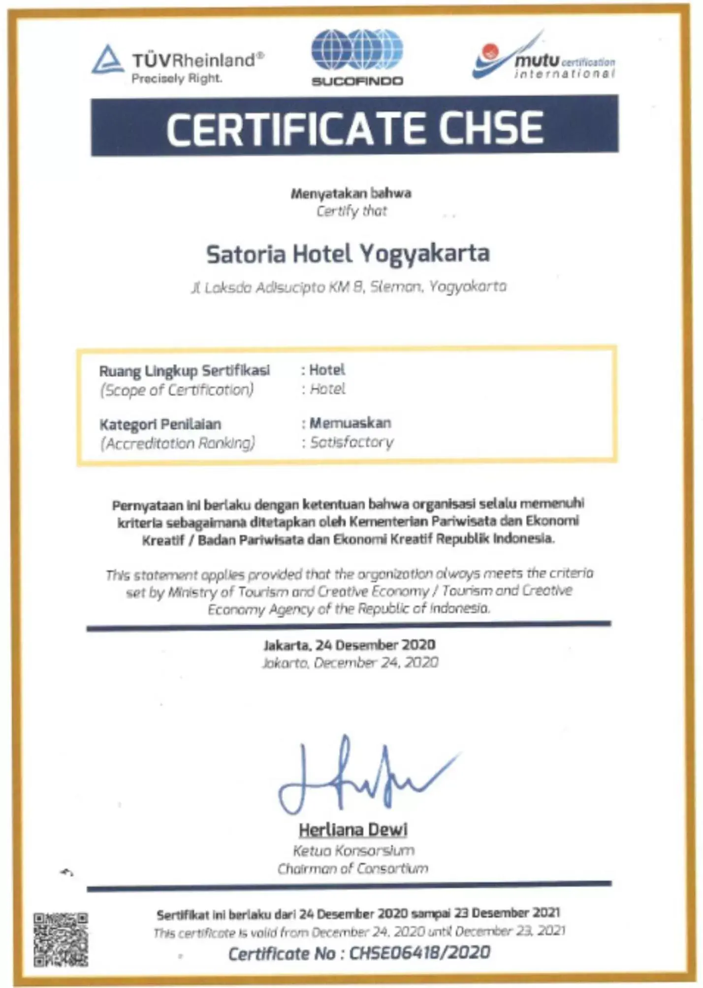 Certificate/Award in Satoria Hotel Yogyakarta - CHSE Certified
