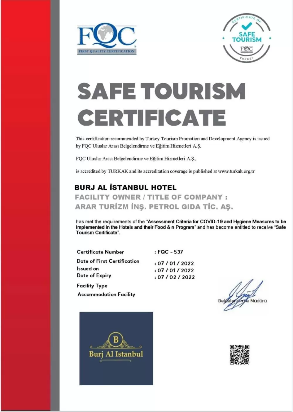 Logo/Certificate/Sign in Burj Al Istanbul