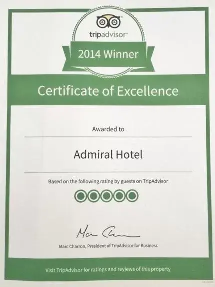 Certificate/Award in Admiral Hotel
