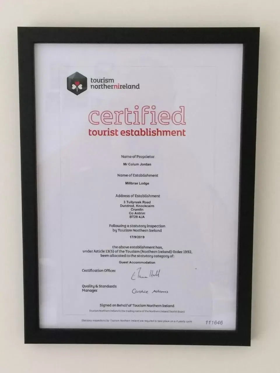 Certificate/Award in Millbrae Lodges