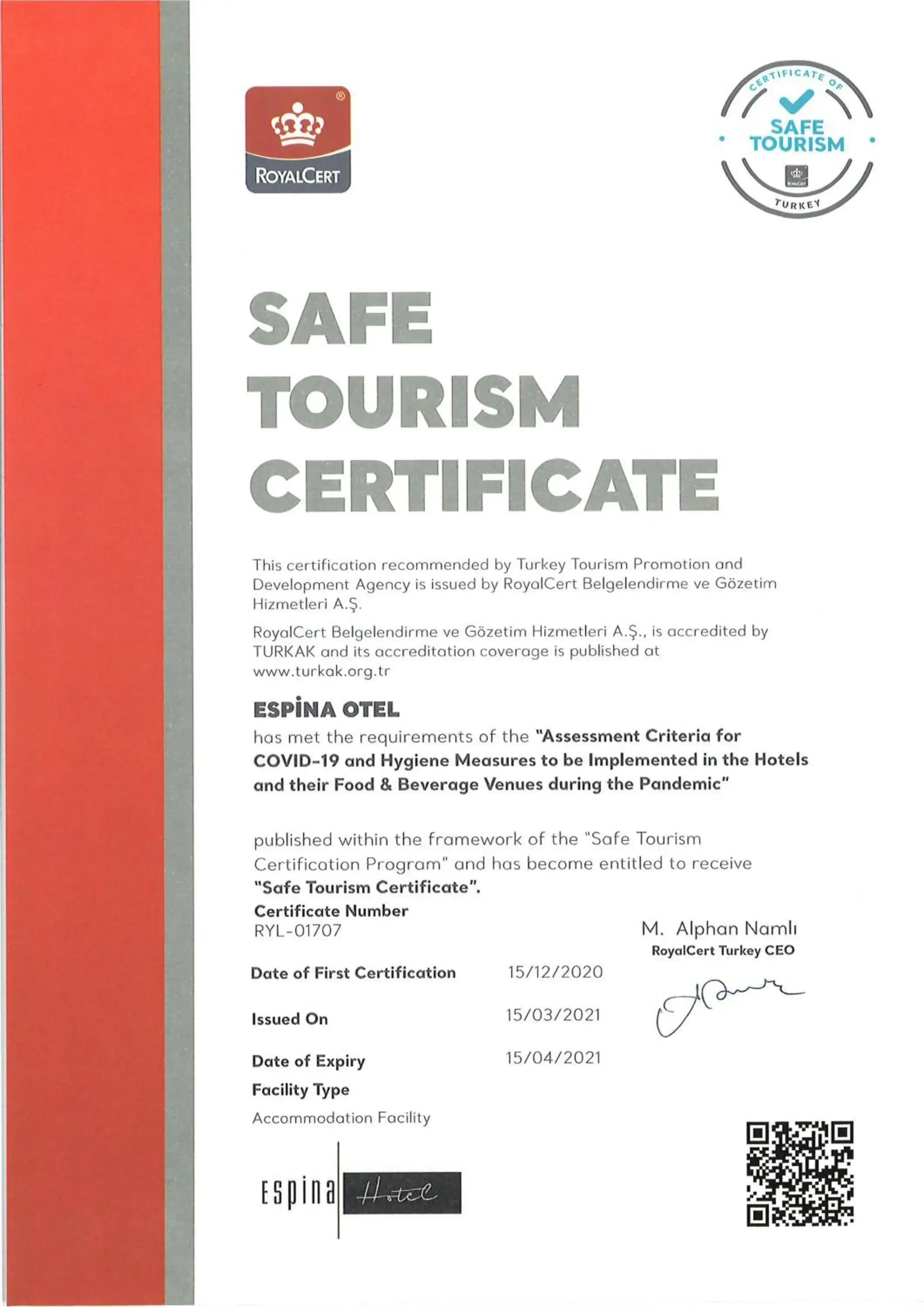 Certificate/Award in Espina Hotel