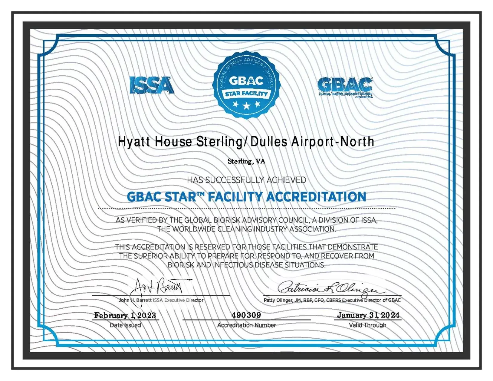 Certificate/Award in Hyatt House Sterling/Dulles Airport North