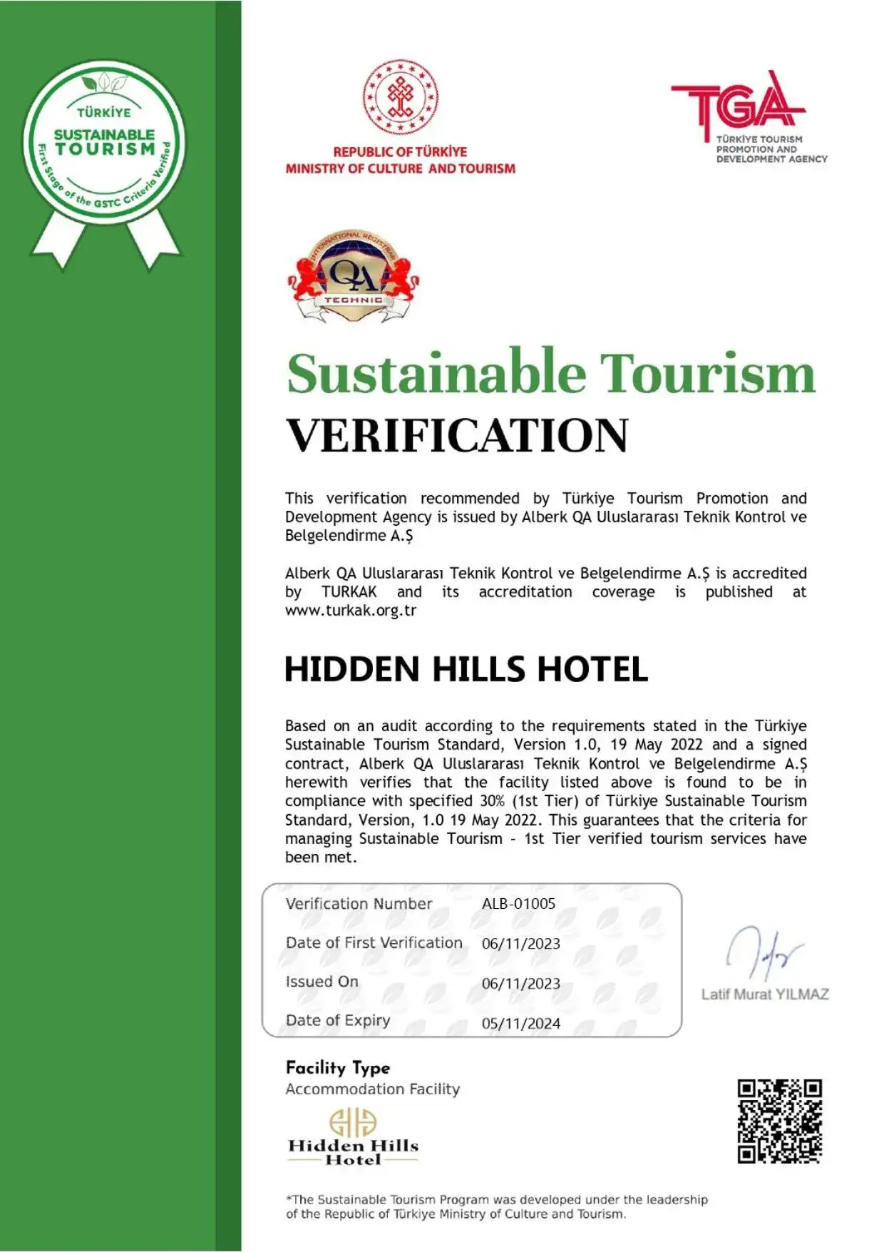 Certificate/Award in Hidden Hills Hotel Istanbul Airport