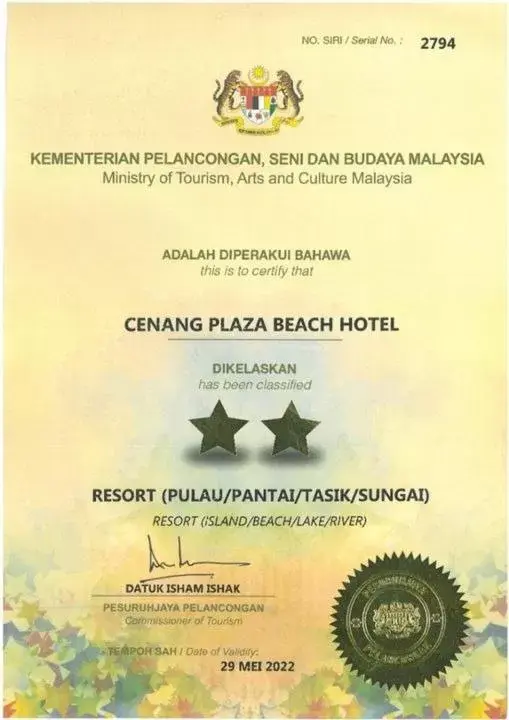 Certificate/Award in Cenang Plaza Beach Hotel