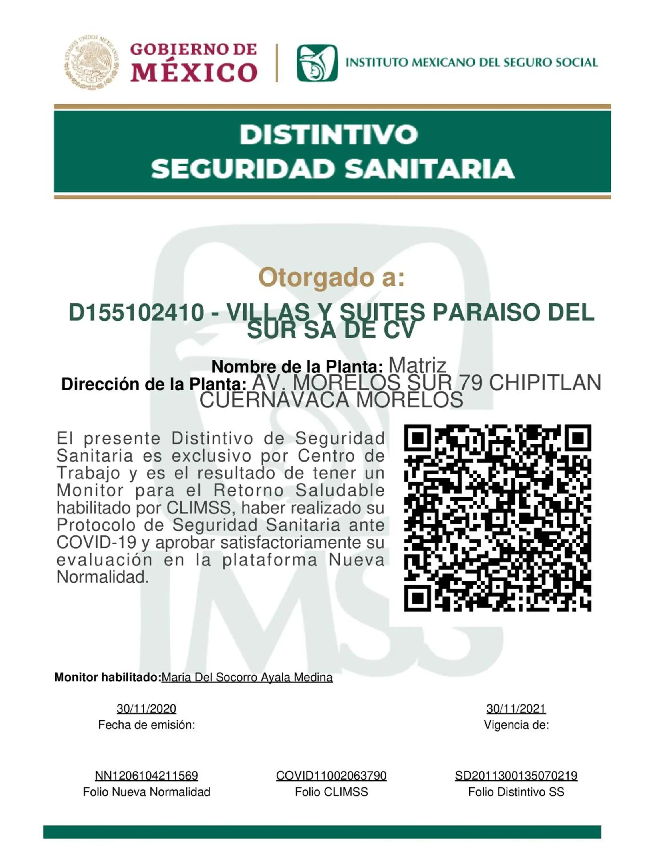 Certificate/Award in Villas y Suites Paraiso del Sur
