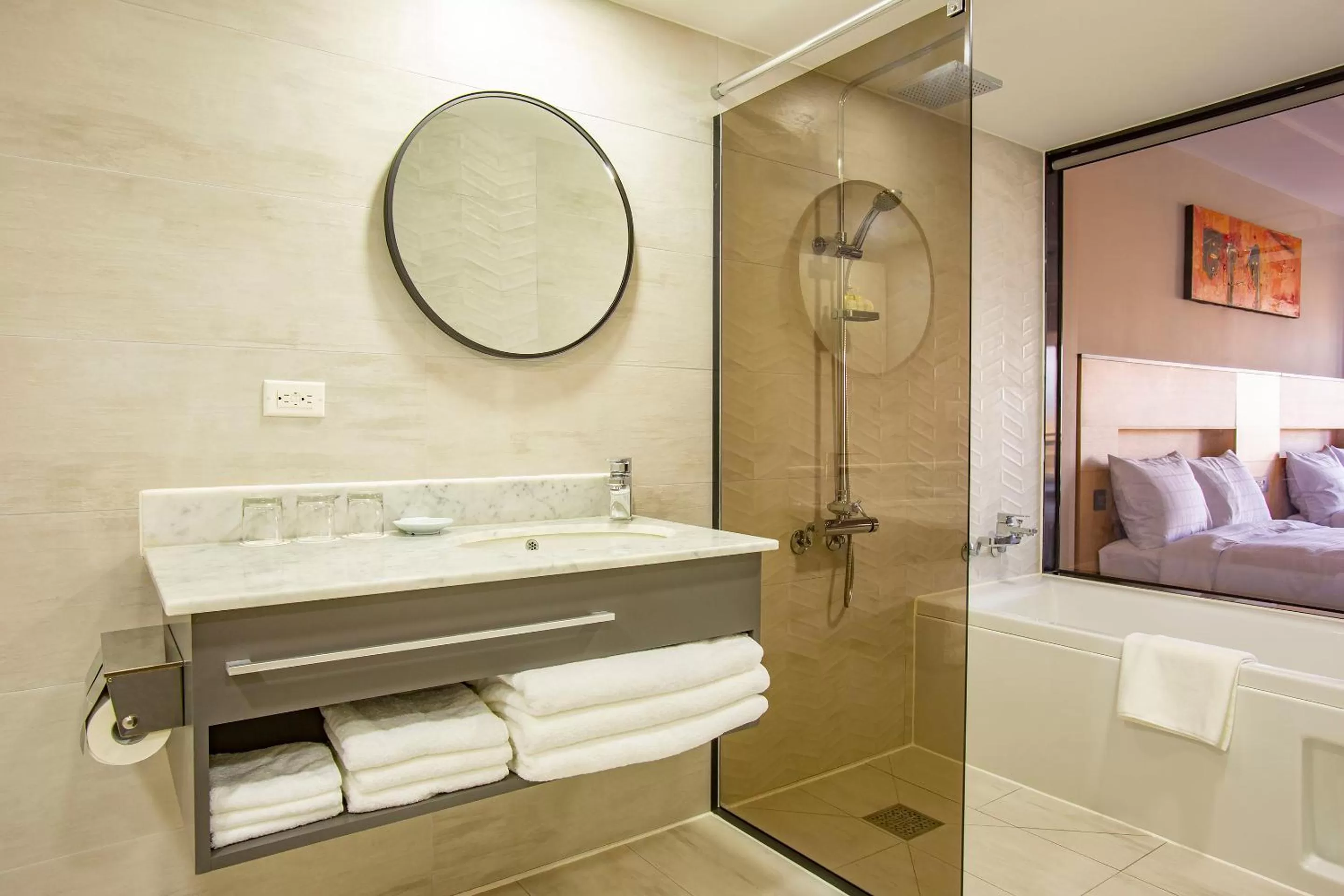 Shower, Bed in The Bayview Hotel Guam