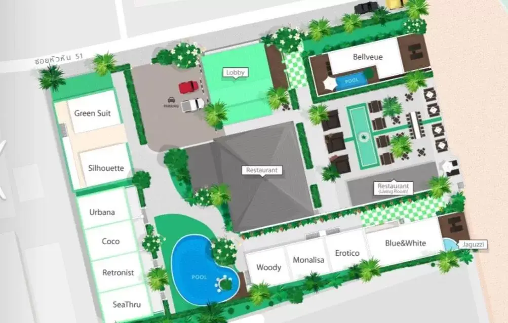 Bird's eye view, Floor Plan in Green Gallery Beach Boutique Hotel