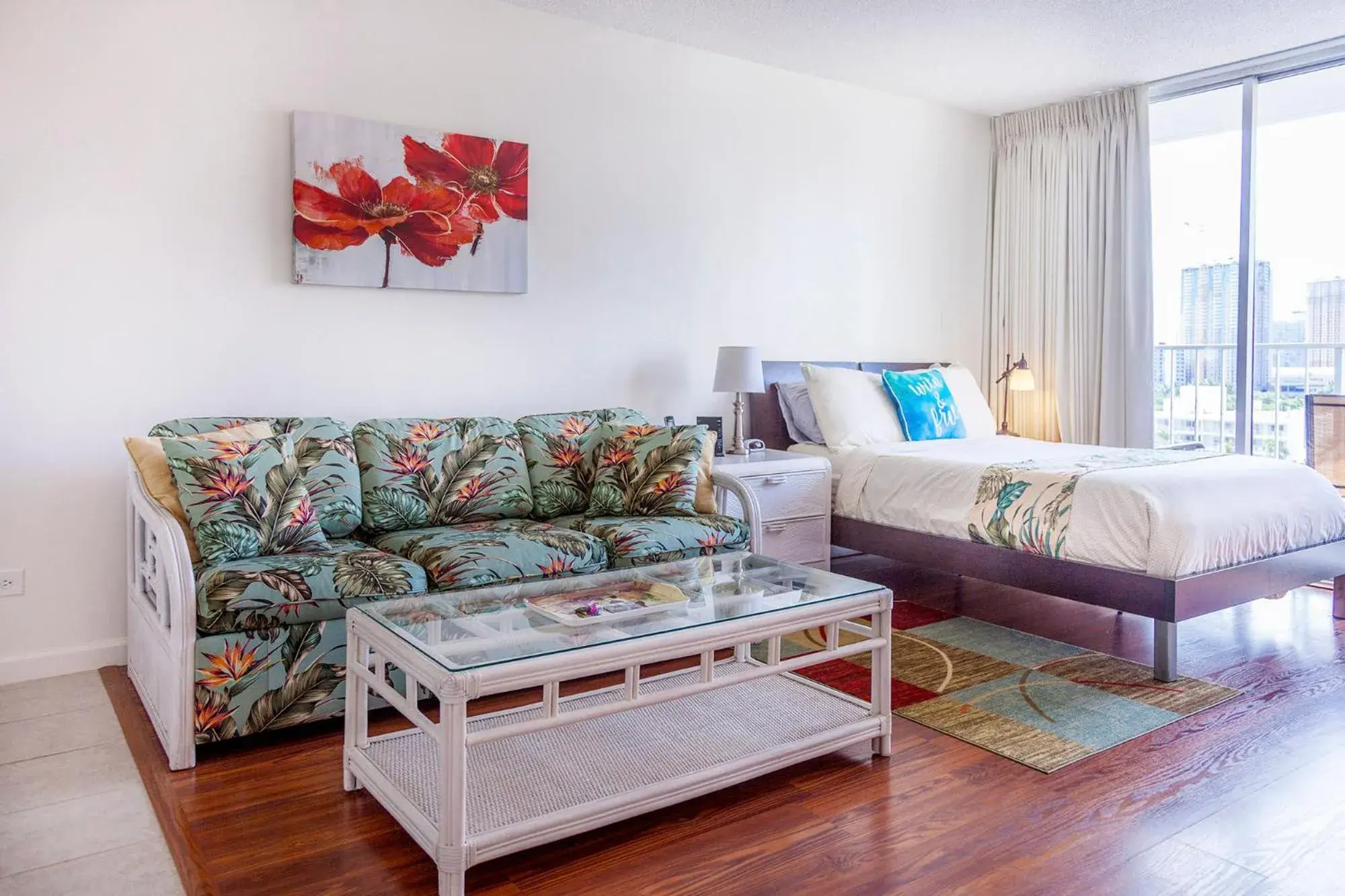 Living room in Tropical Studios at Marine Surf Waikiki - FREE PARKING - BEST LOCATION - FULL KITCHEN - SWIMMING POOL