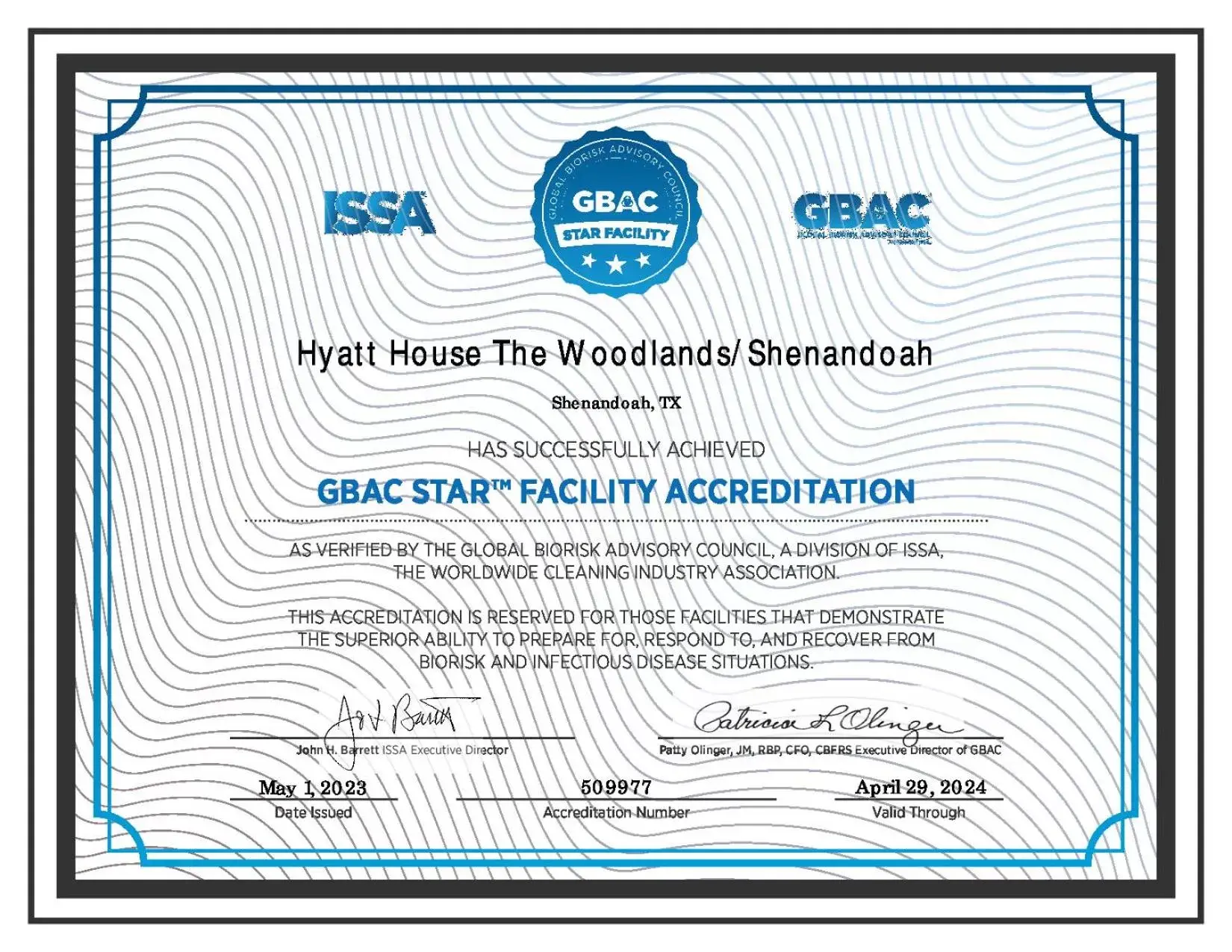 Certificate/Award in Hyatt House The Woodlands-Shenandoah