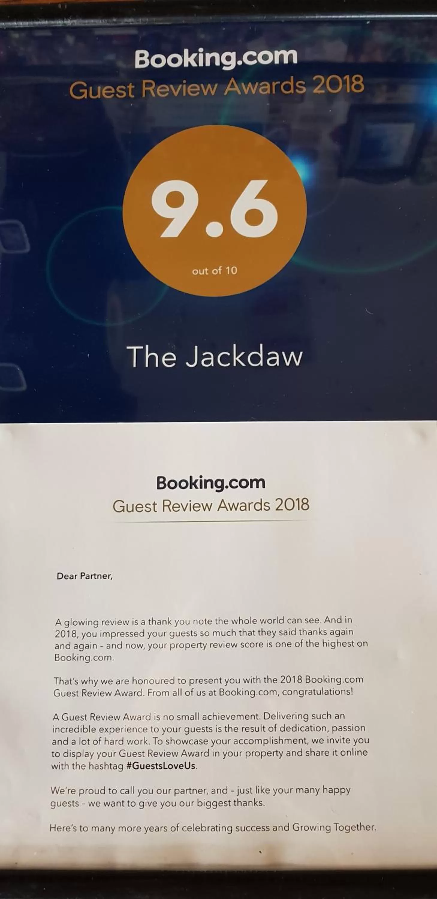 Certificate/Award in the jackdaw pub SELF CATERING STATIC CARAVAN free breakfast supplied