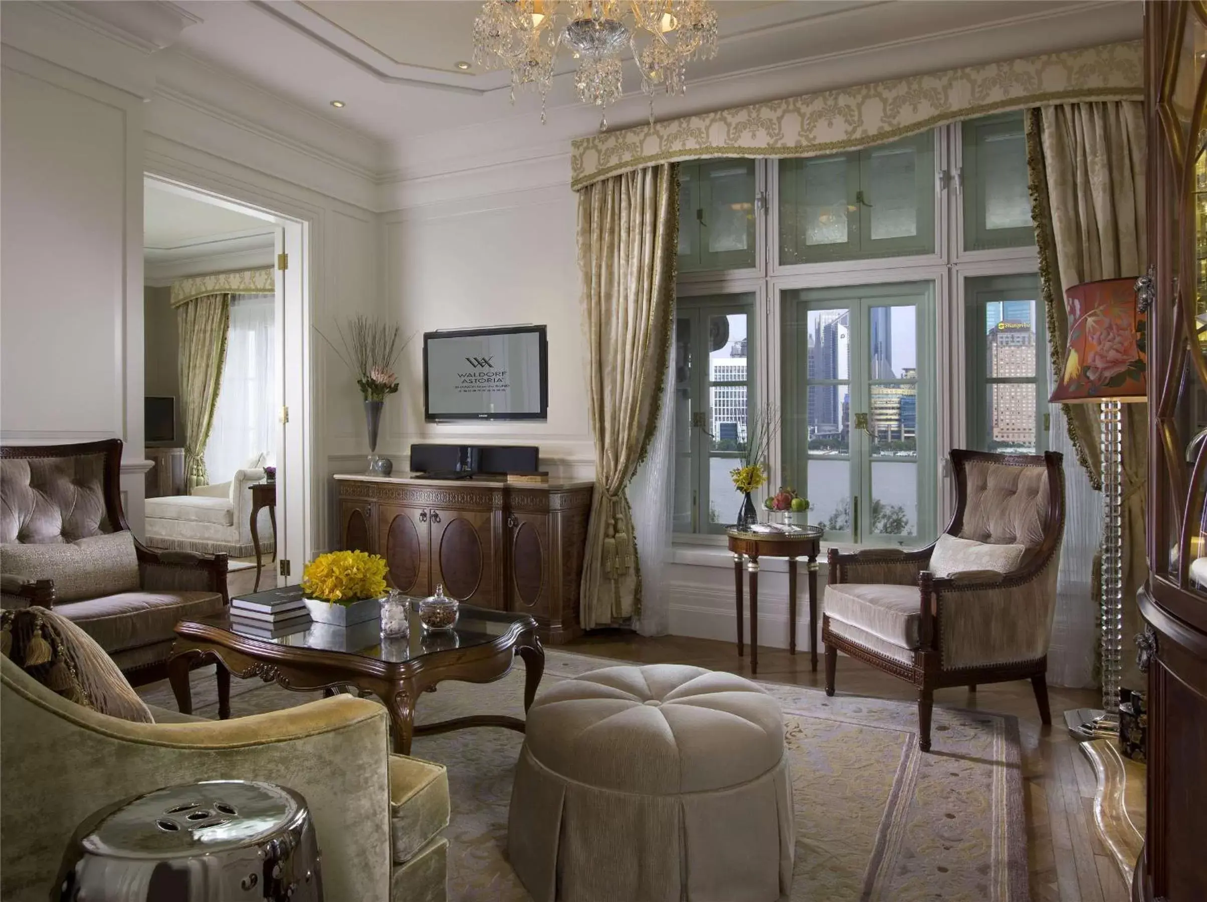 Bed, Seating Area in Waldorf Astoria Shanghai on the Bund