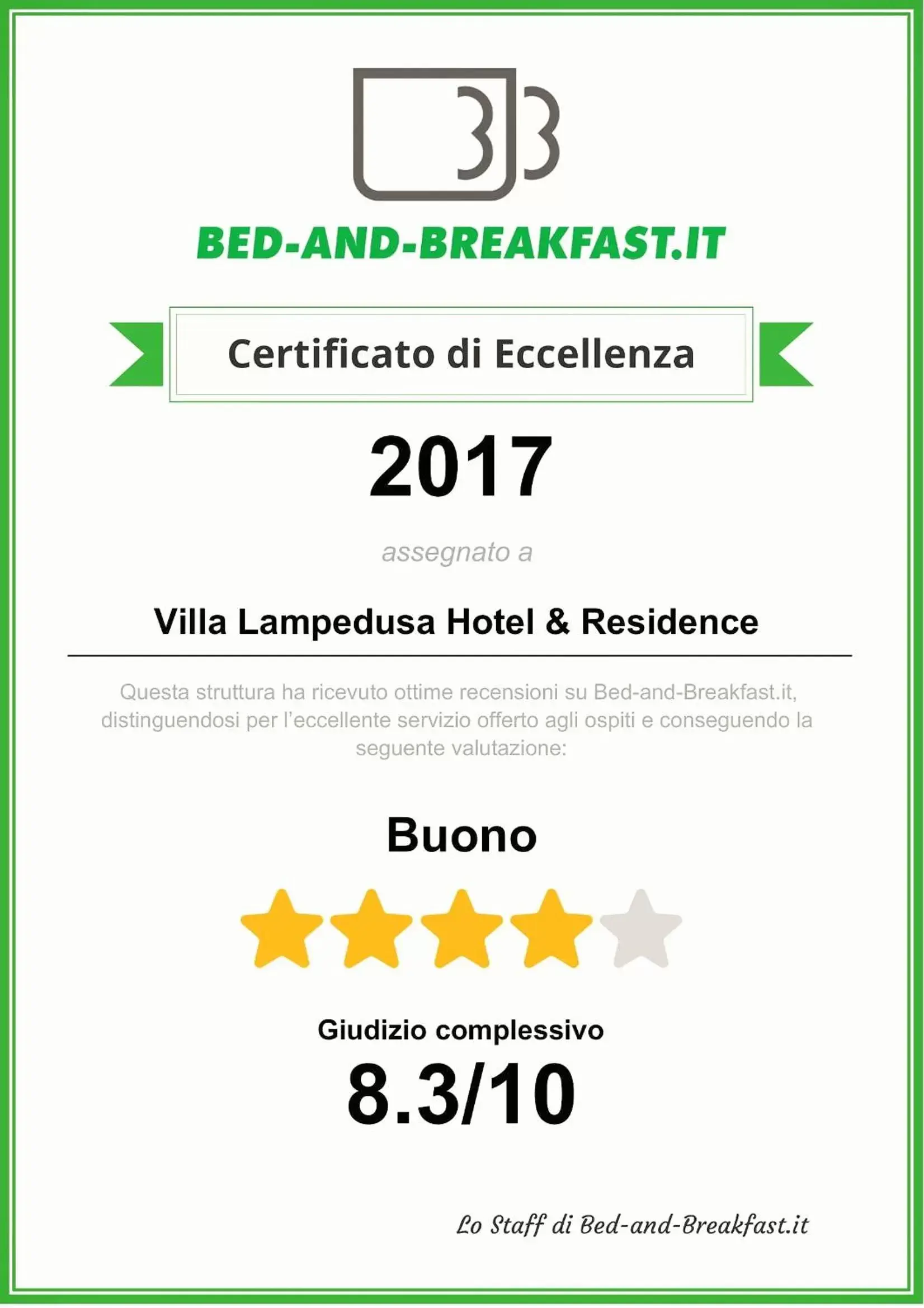 Certificate/Award in Hotel Villa Lampedusa