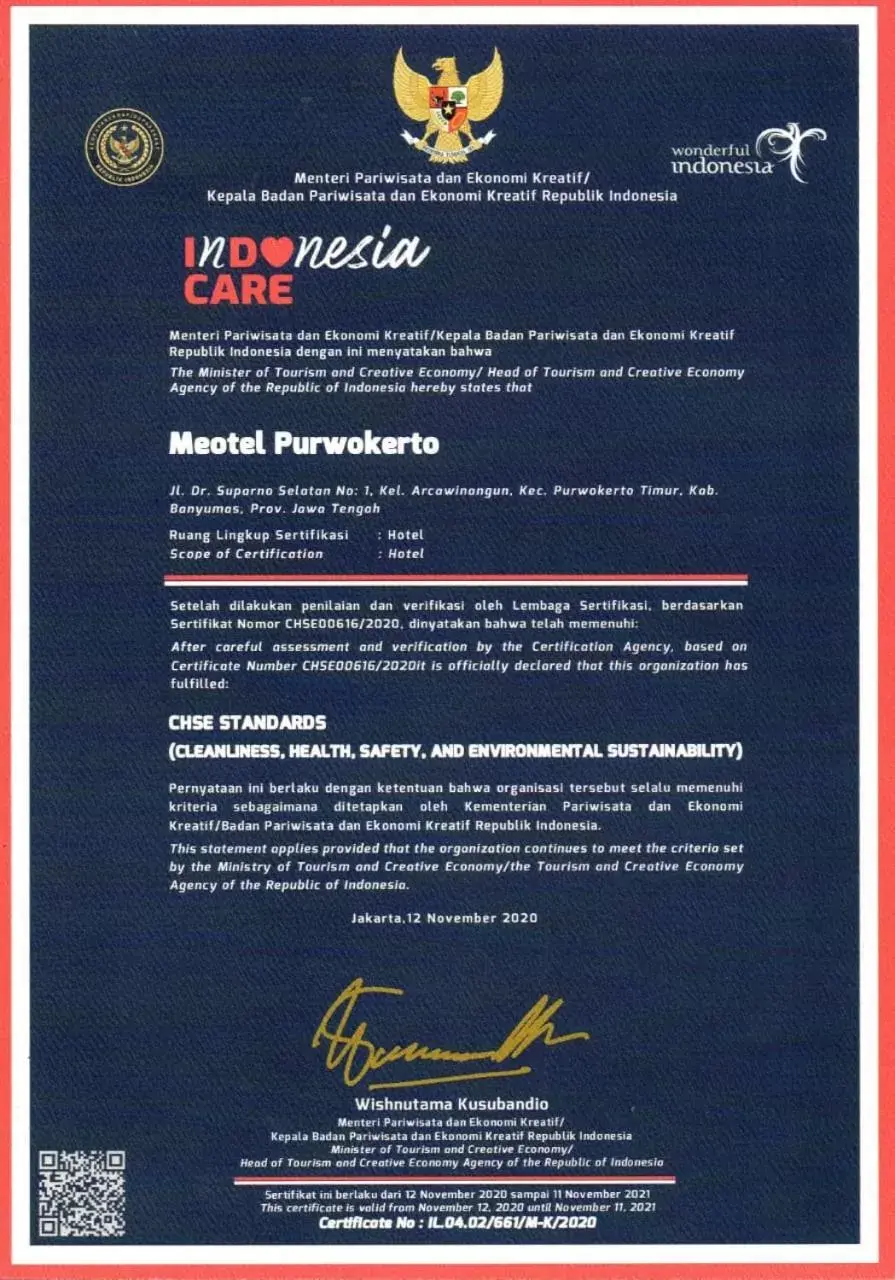 Certificate/Award in Meotel Purwokerto