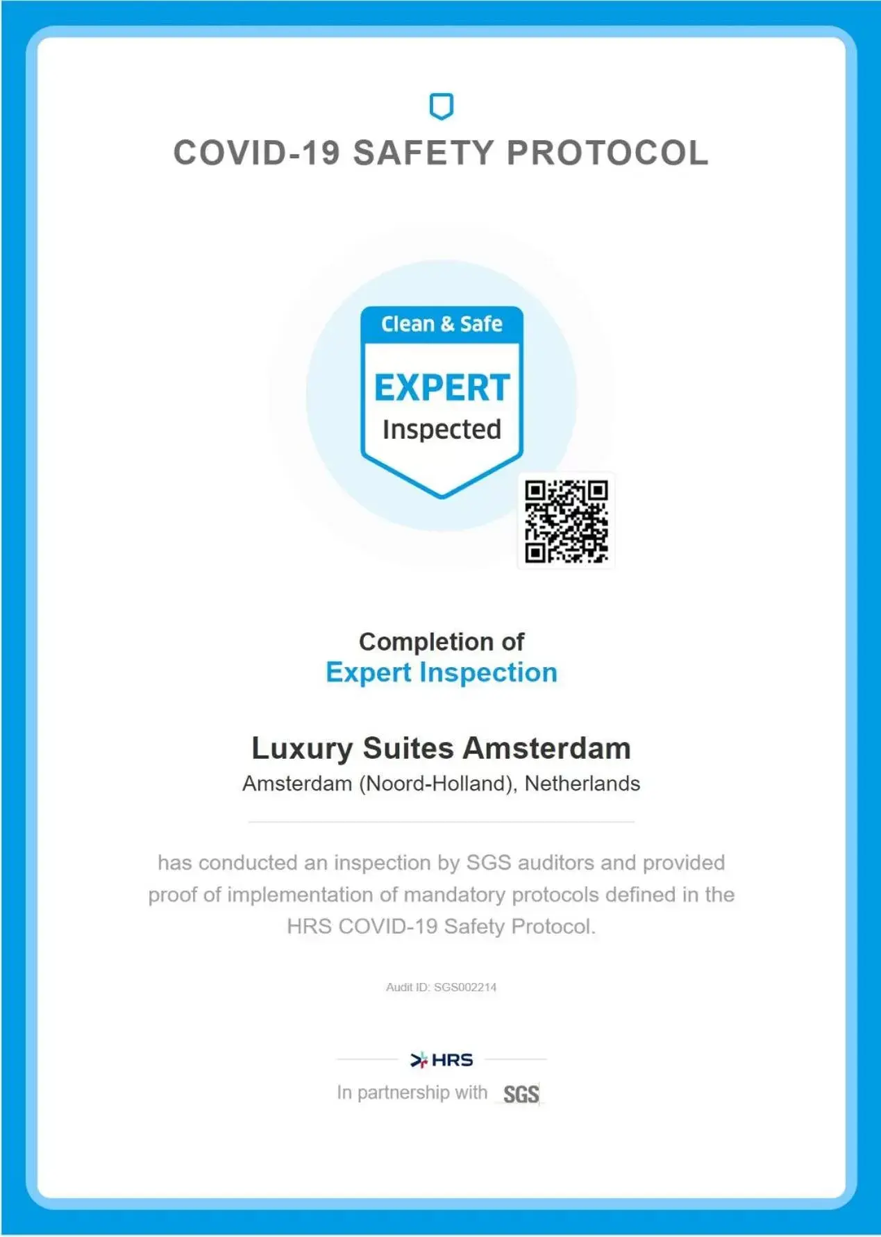 Certificate/Award in Luxury Suites Amsterdam