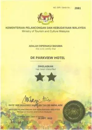 Certificate/Award in De Parkview Hotel