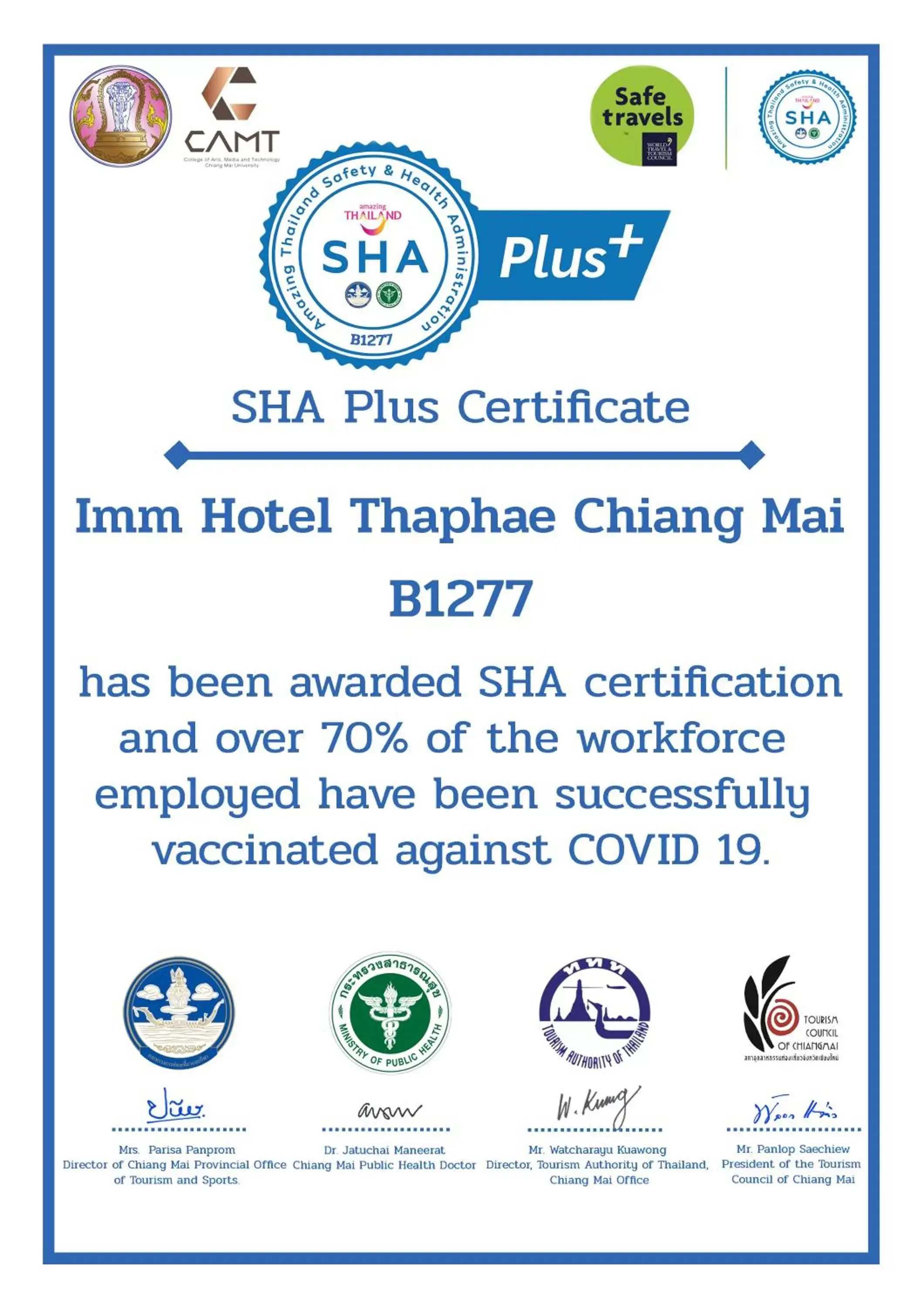 Certificate/Award in Imm Hotel Thaphae Chiang Mai -SHA Extra Plus