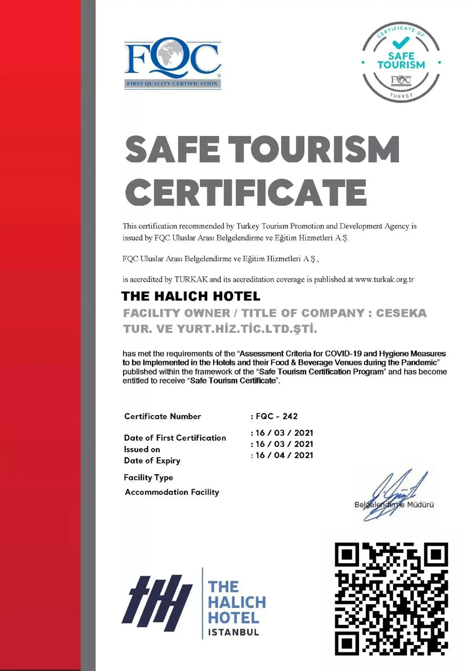 Certificate/Award in The Halich Hotel Istanbul Karakoy - Special Category