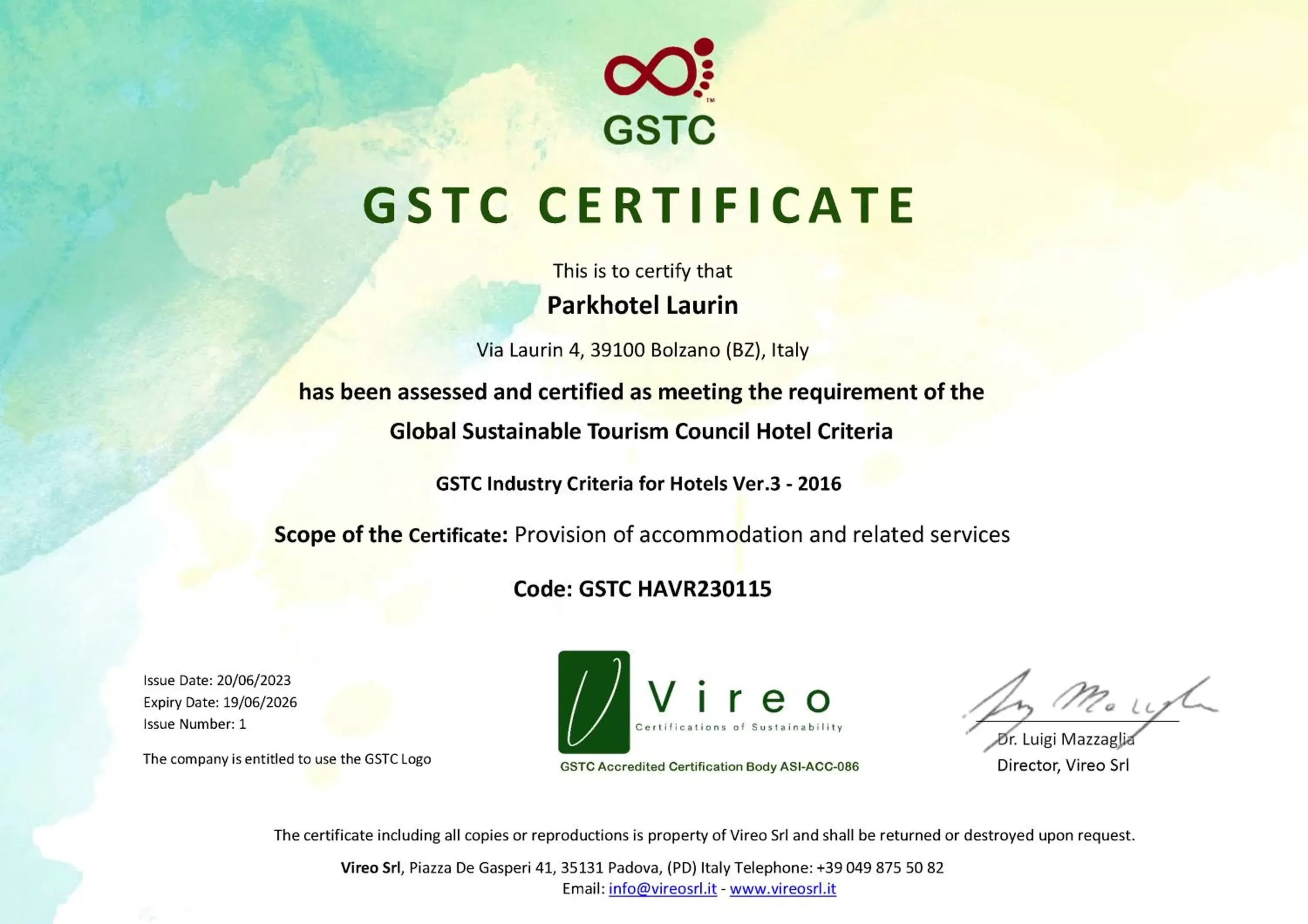 Certificate/Award in Parkhotel Laurin