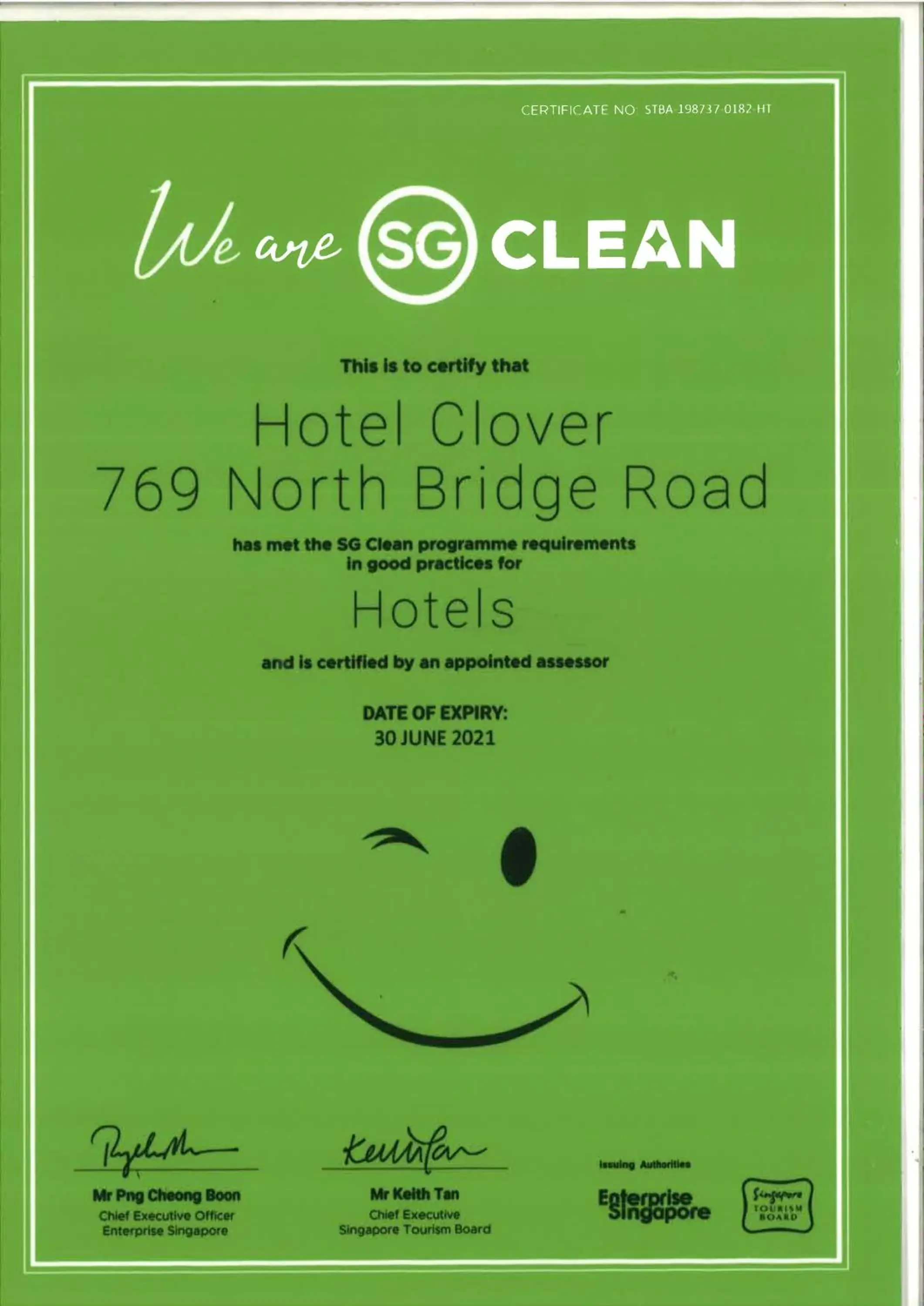 Certificate/Award in Hotel Clover 769 North Bridge Road