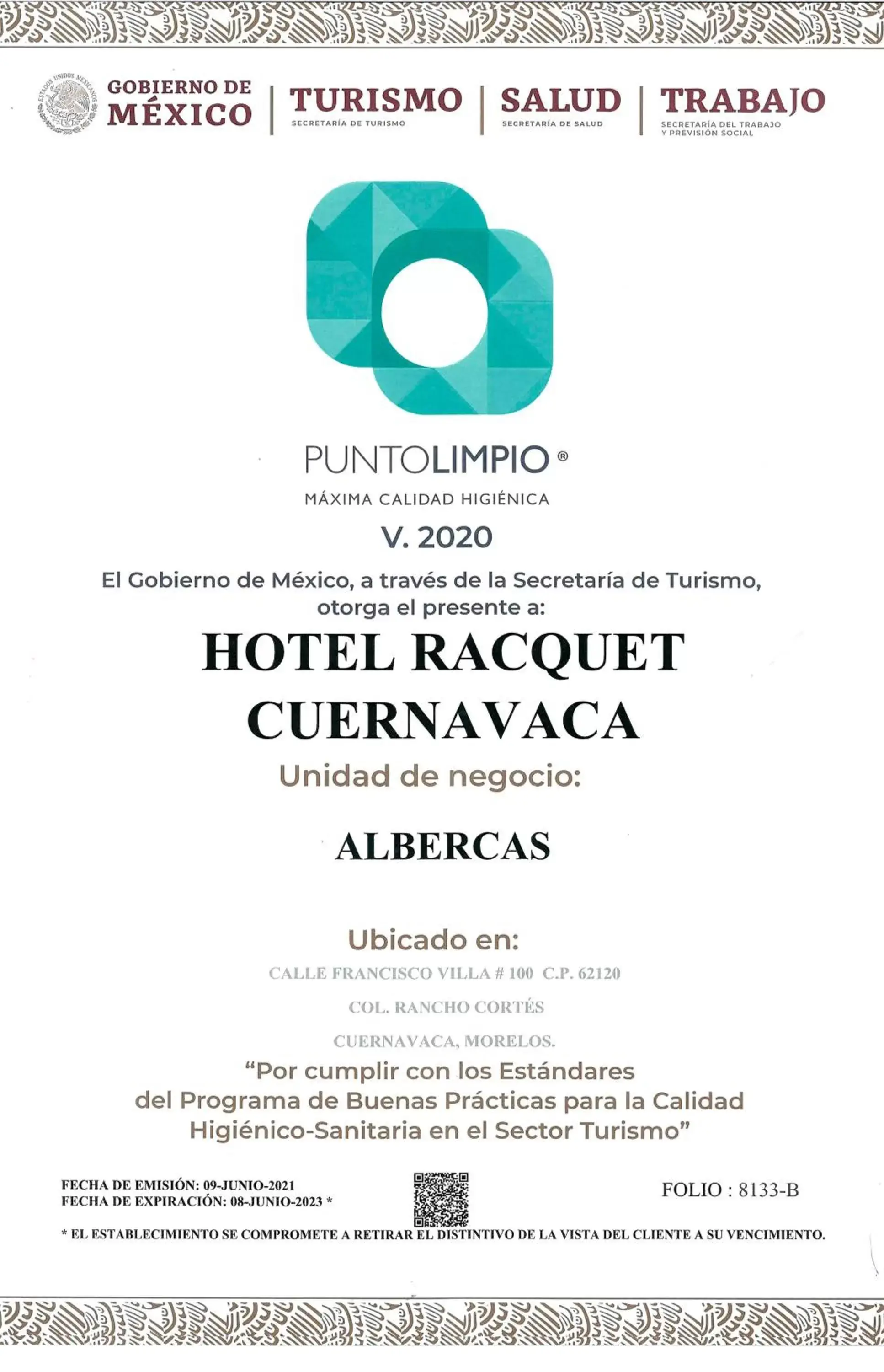 Certificate/Award in Hotel Racquet Cuernavaca