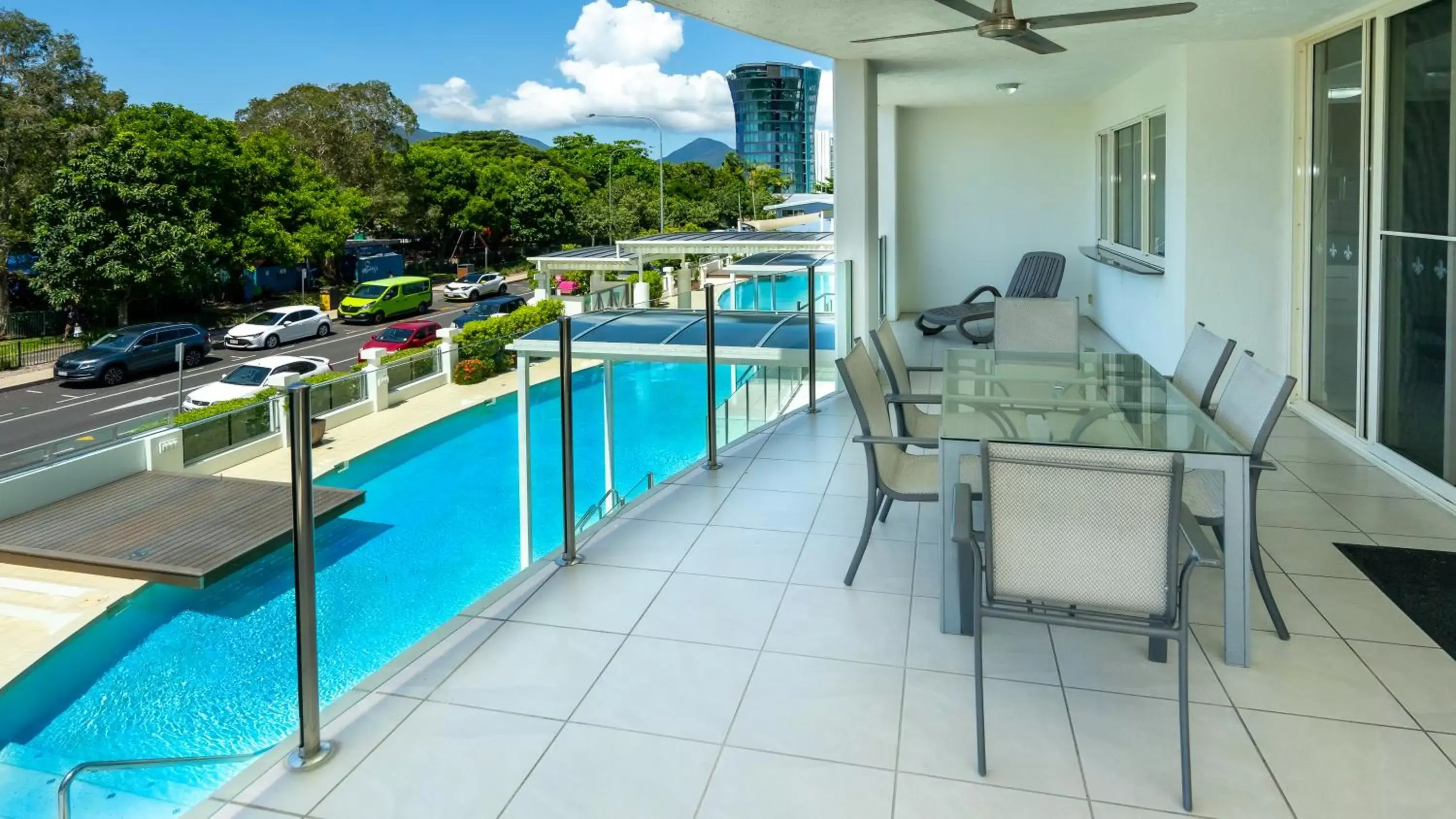 Balcony/Terrace, Pool View in Waters Edge Apartment Cairns