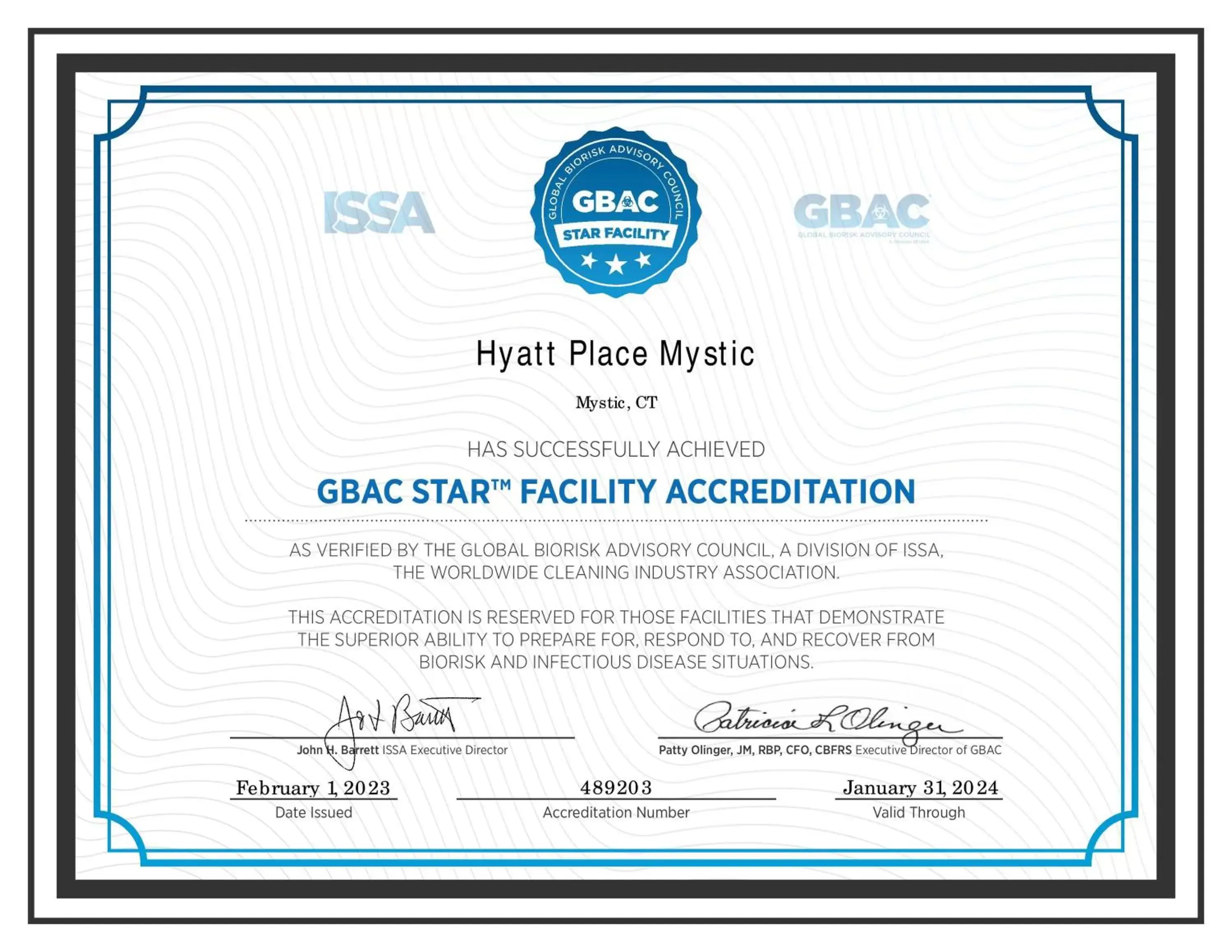 Certificate/Award in Hyatt Place Mystic