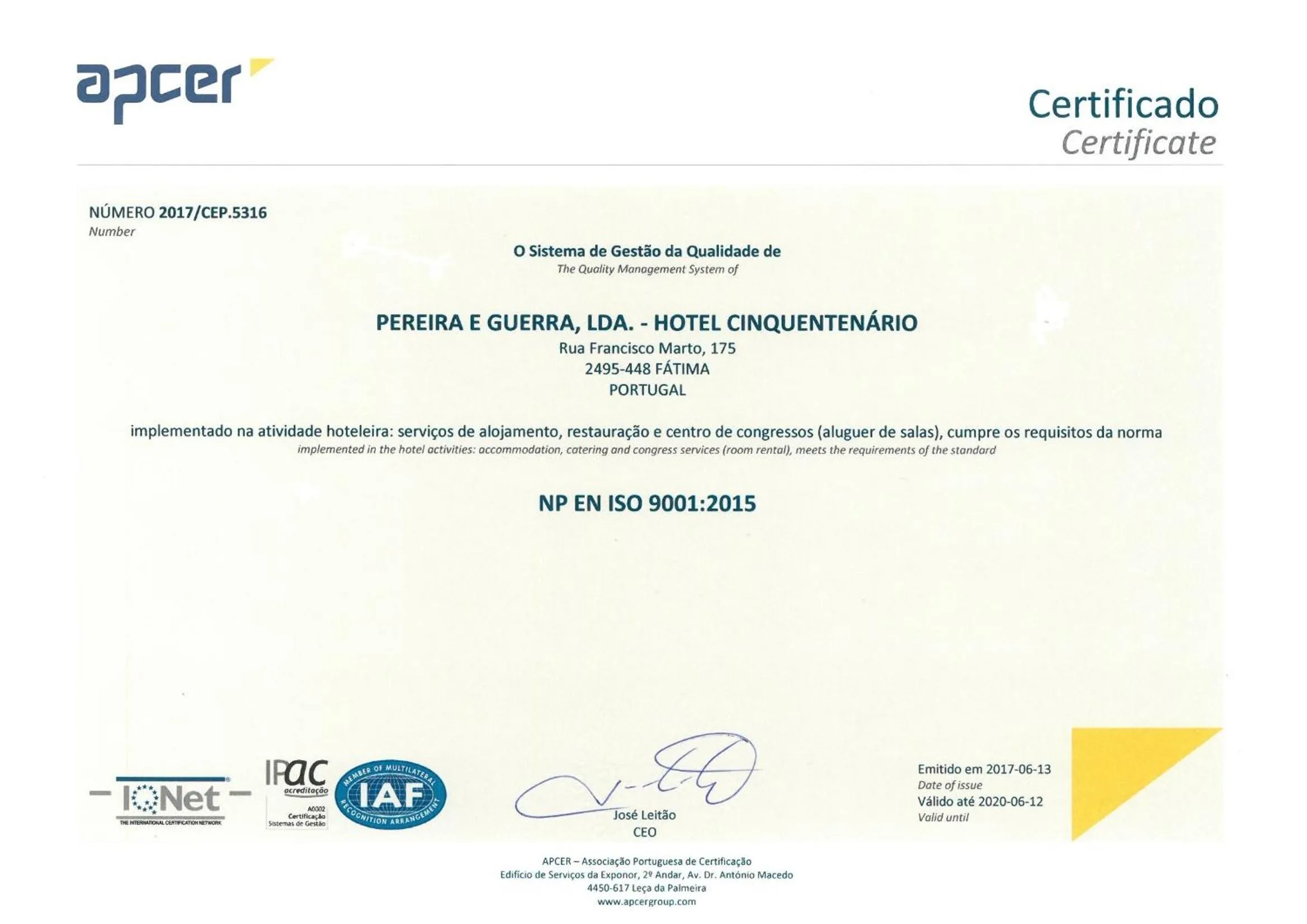 Certificate/Award in Hotel Cinquentenario & Conference Center