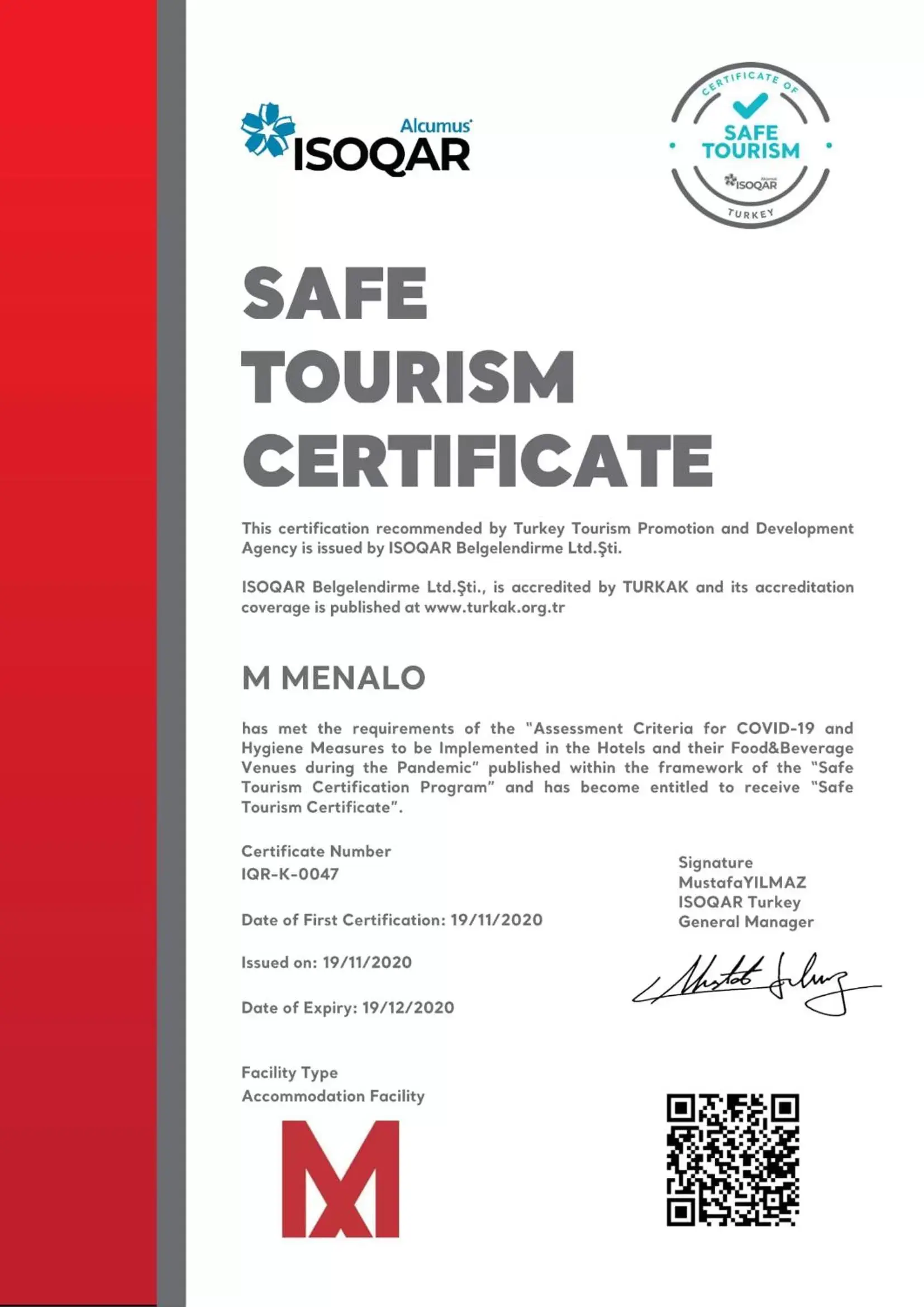 Certificate/Award in MENALO HOTEL PREMIUM ISTANBUL AIRPORT