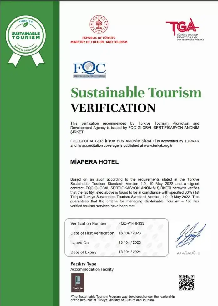 Certificate/Award, Logo/Certificate/Sign/Award in Miapera Hotel and Spa