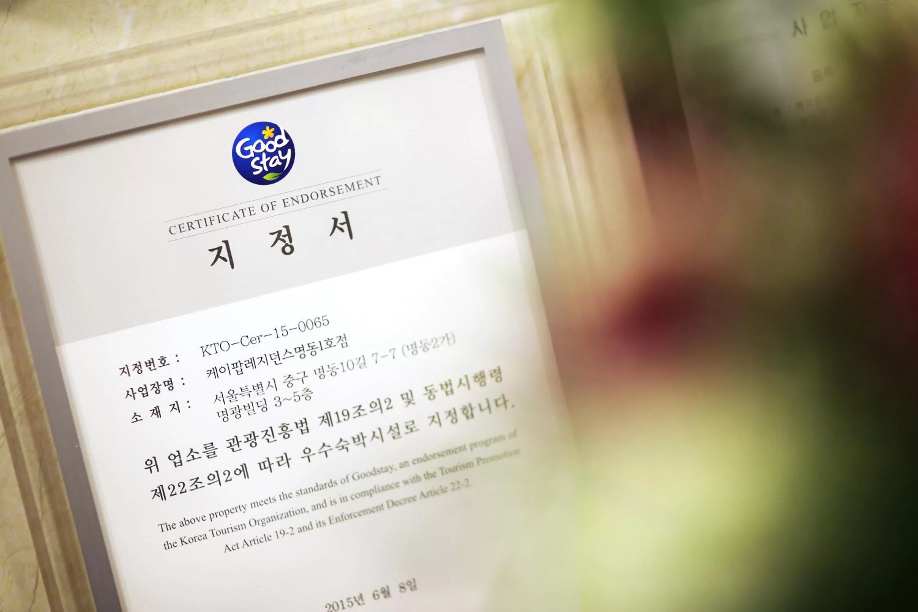 Certificate/Award in K-POP Residence Myeongdong 1