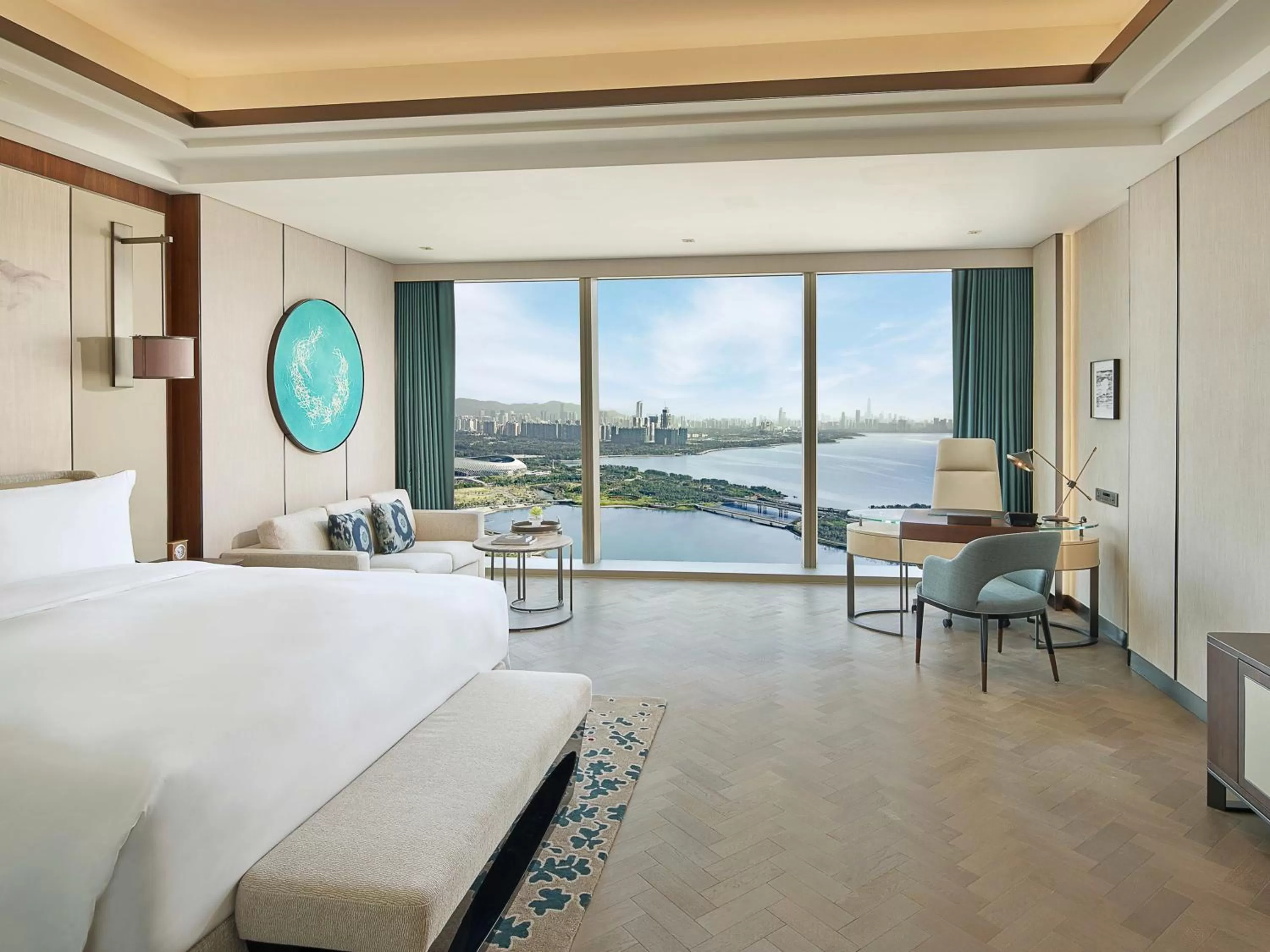 Photo of the whole room, Bed in Raffles Shenzhen, Situated in the heart of One Shenzhen Bay, Book Now to Enjoy Free Minibar and Happy Hour Privileges at Long Bar on 71F