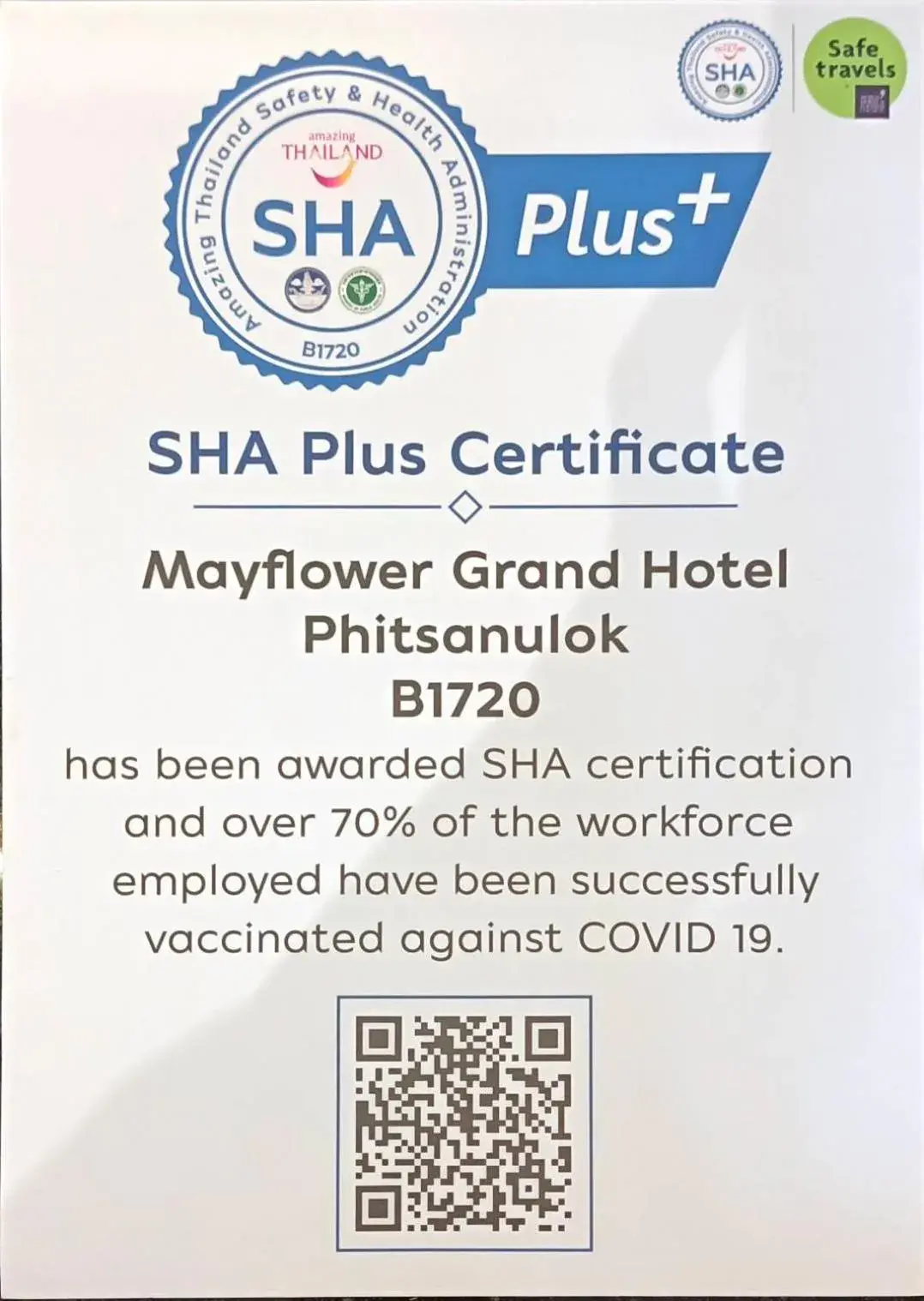 Certificate/Award in Mayflower Grande Hotel Phitsanulok