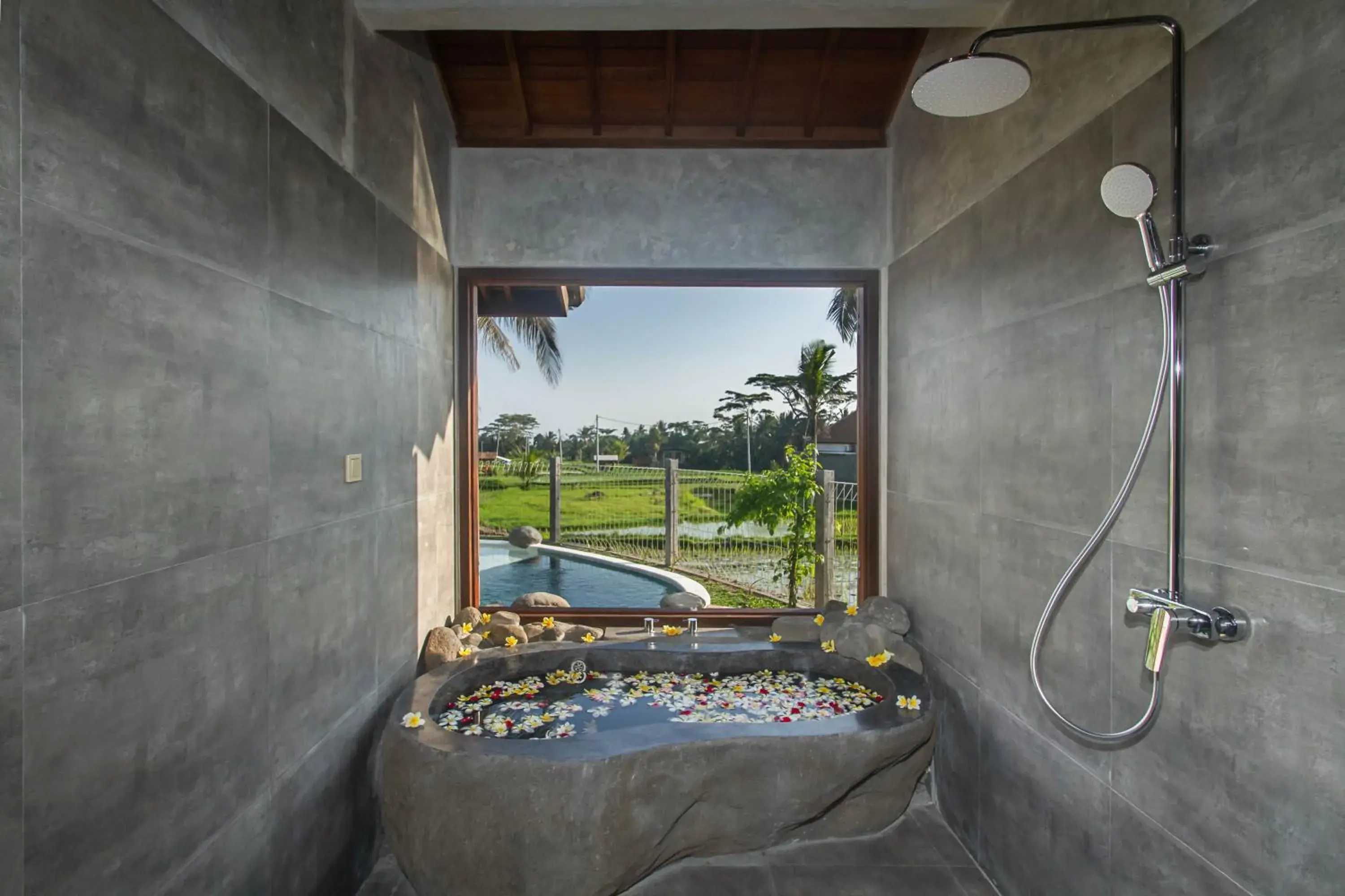 Bathroom, Pool View in Ubud Luwih Nature Retreat