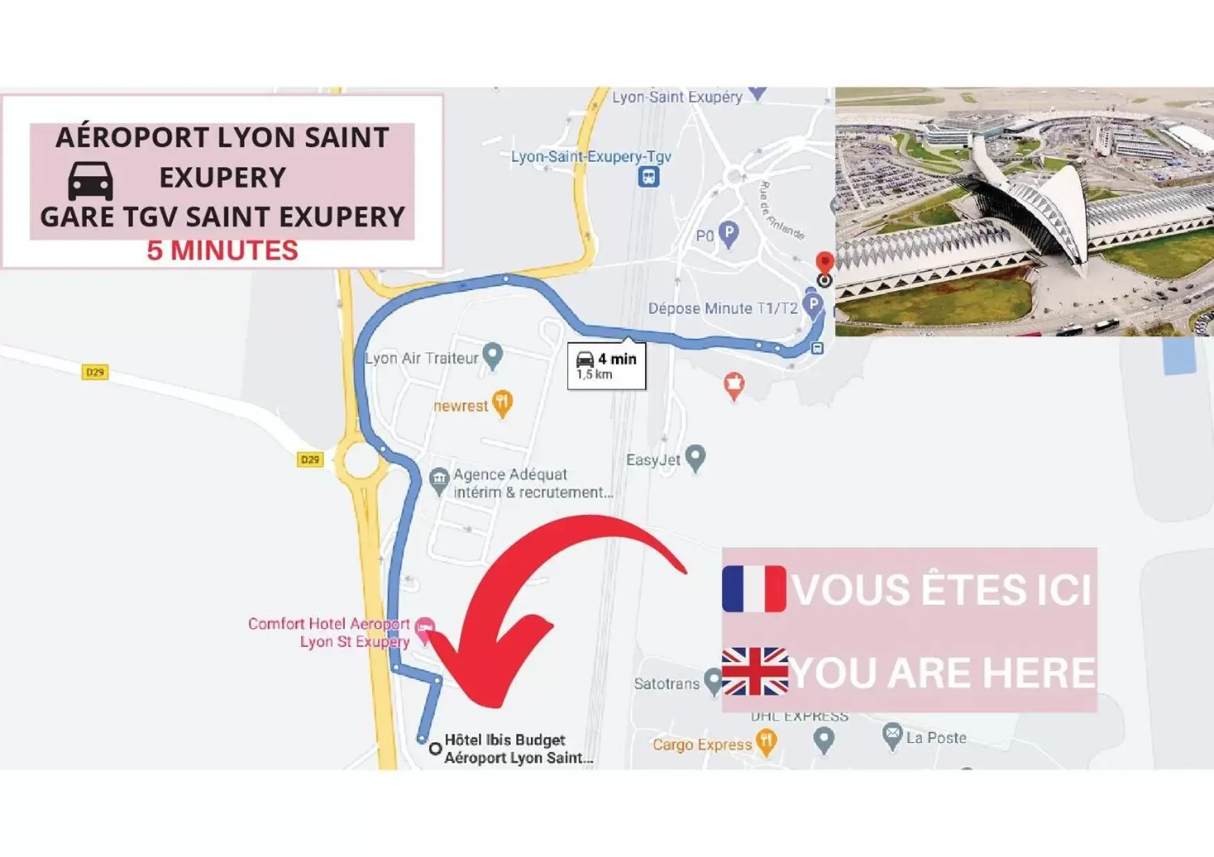 Text overlay, Bird's-eye View in ibis budget Aéroport Lyon Saint Exupéry